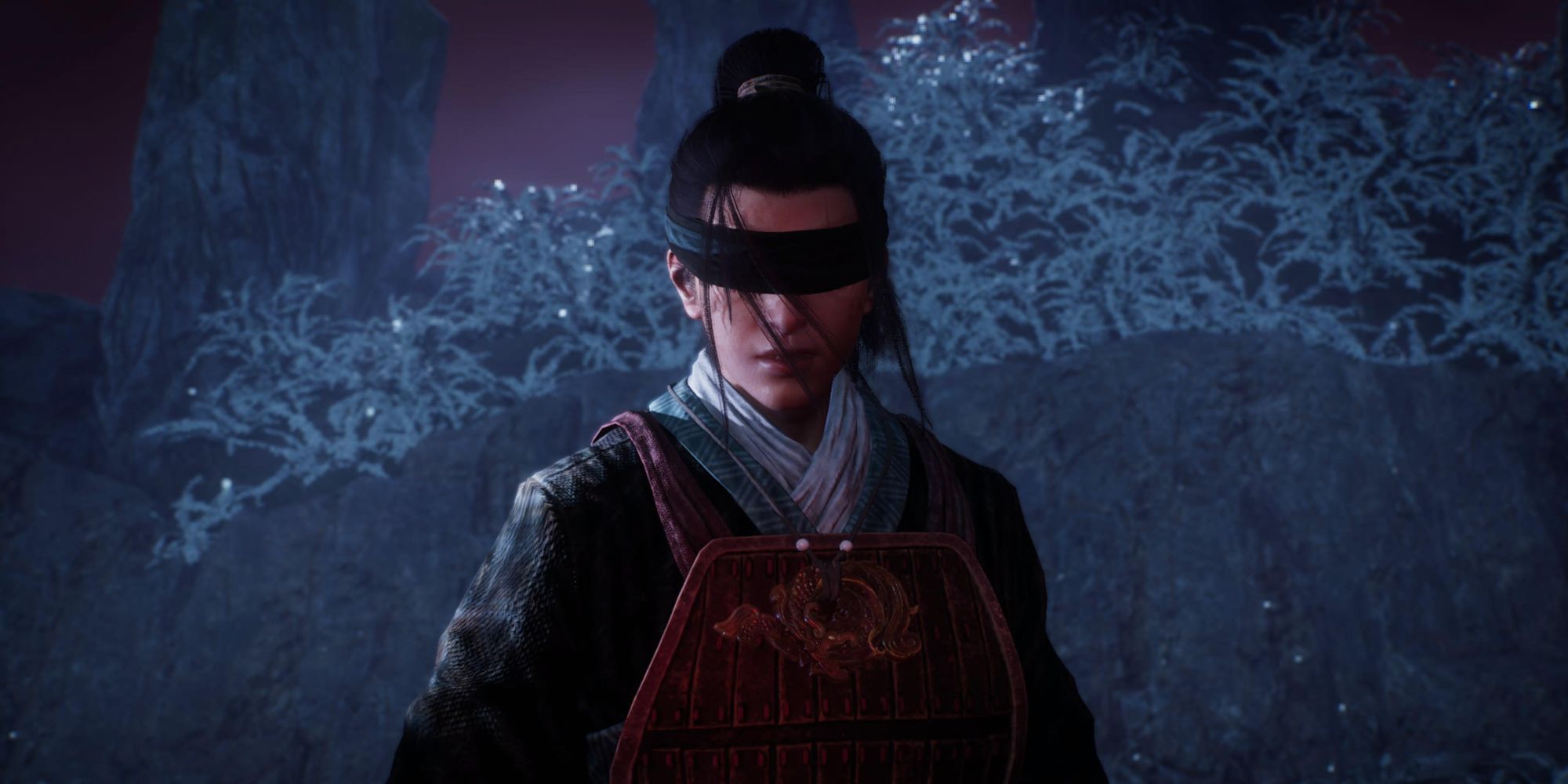 Wo Long: Fallen Dynasty - Blindfolded Boy seen in a cutscene before we fight him, standing before a large tree