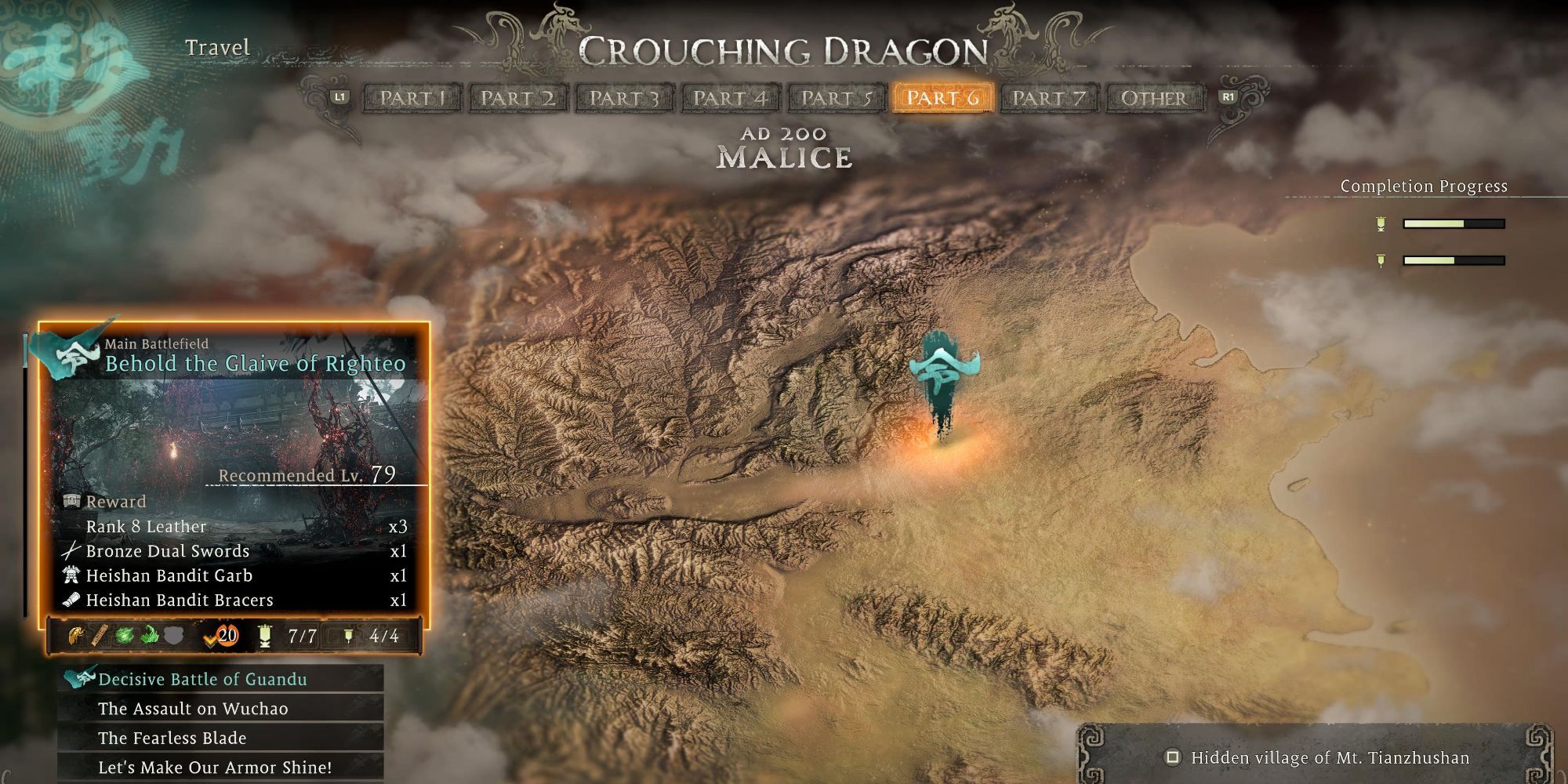 Wo Long: Fallen Dynasty - map mission screen showing missed collectables