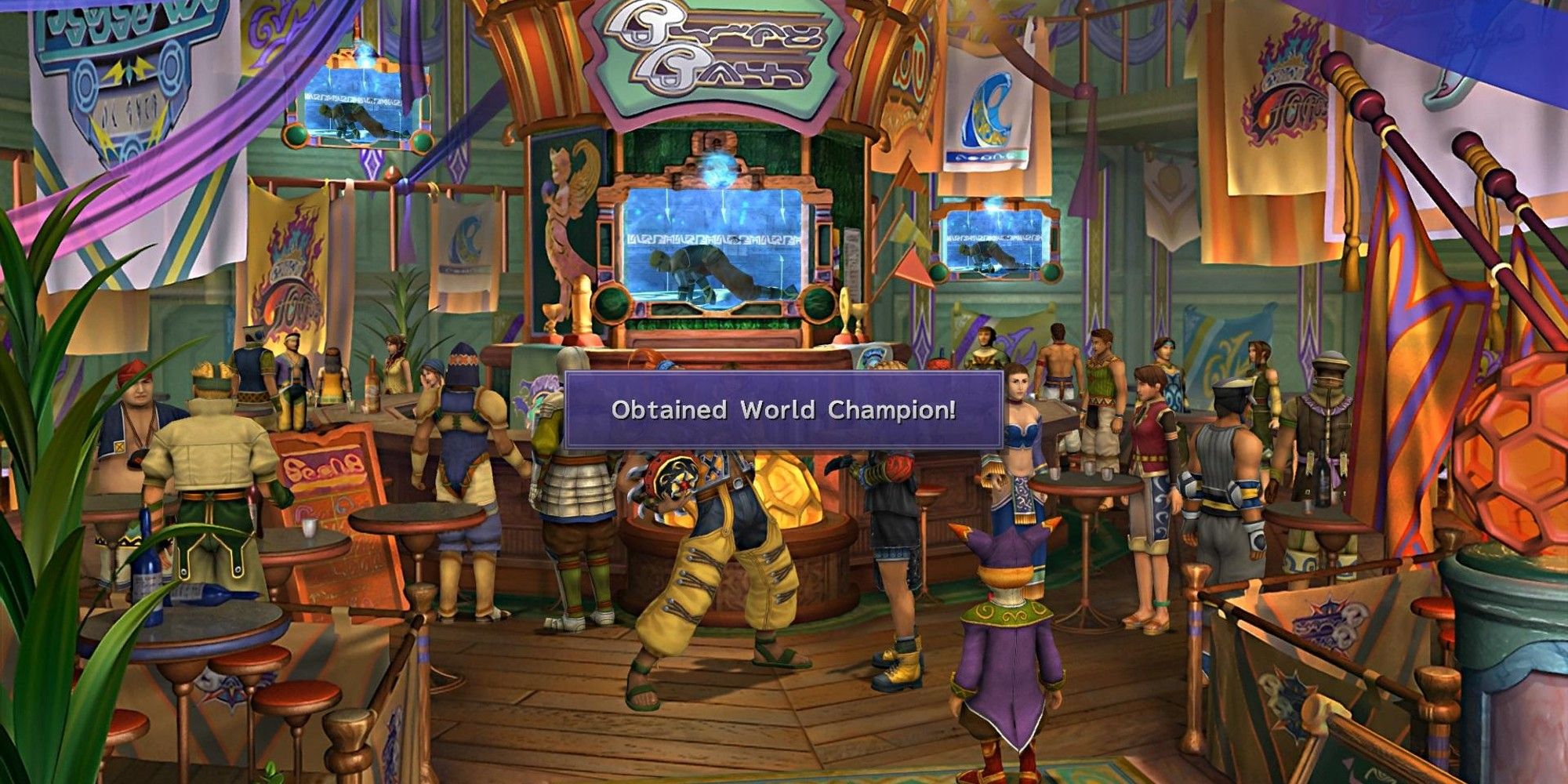 Wakka Gets World Champion From Shop With The Words World Champion Acquired In A Purple Box For Text - Final Fantasy 10