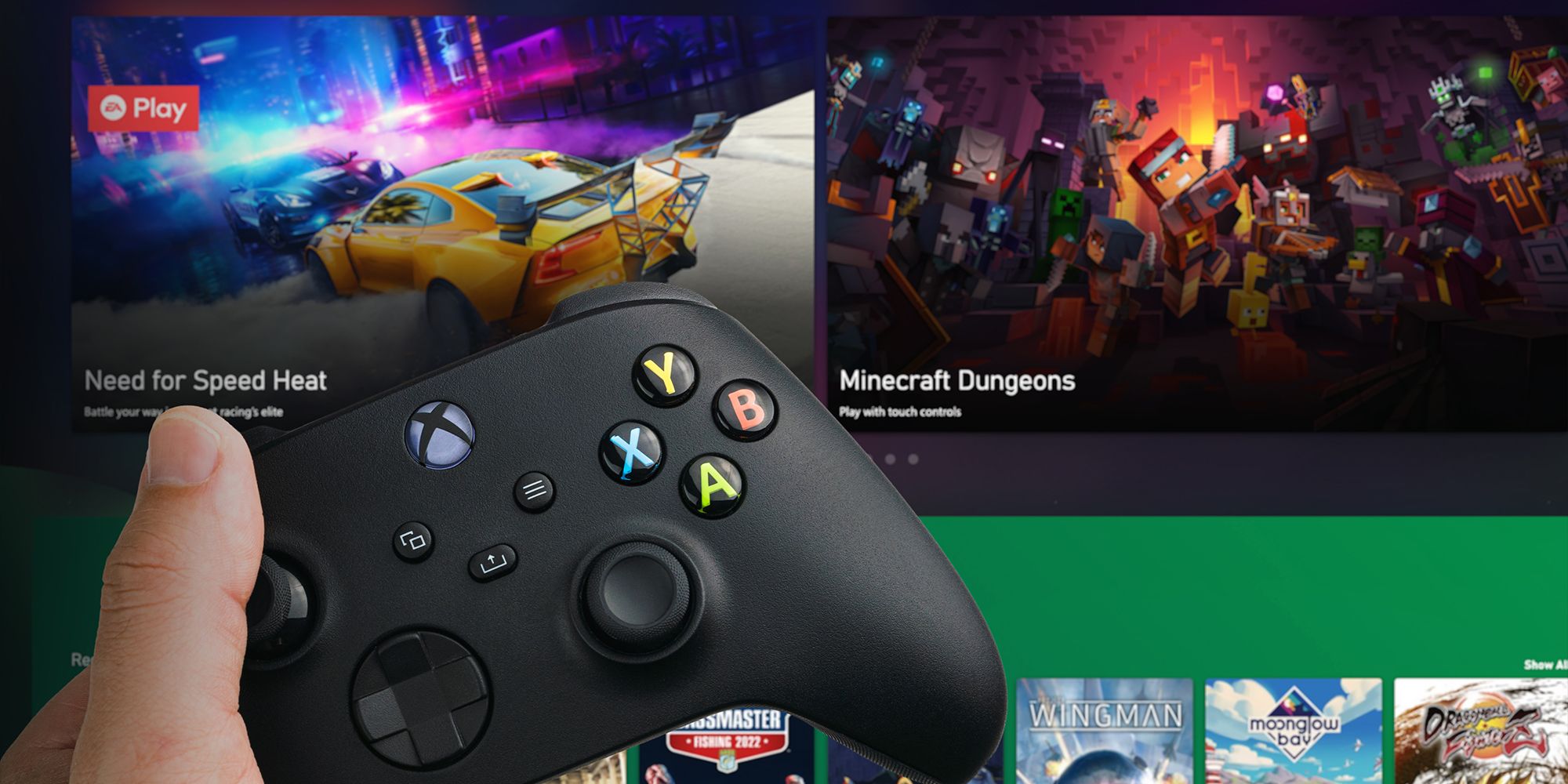 Xbox Series X controller in front of a TV with Game Pass open 