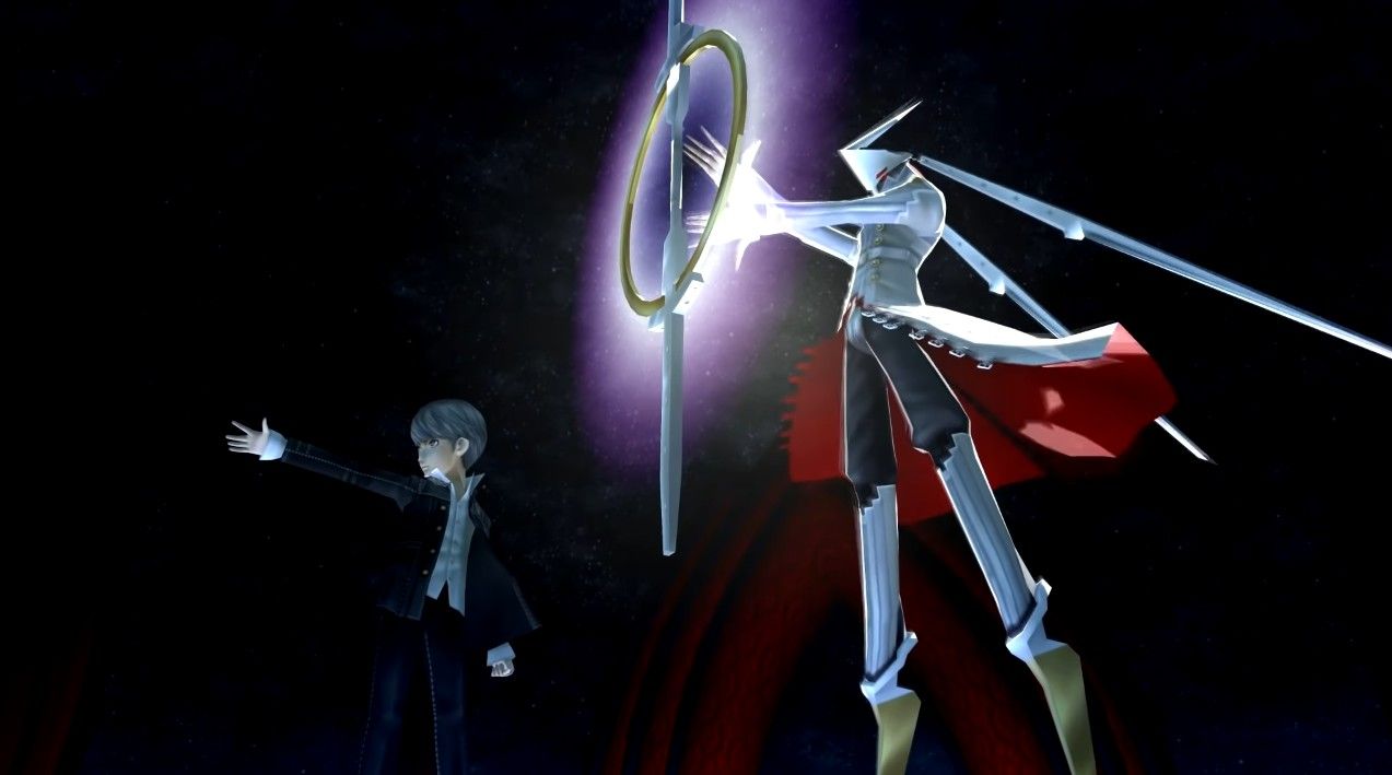 yu narukami and izanagi-no-okami during the p4g fight with izanami and izanami-no-okami at the end of persona 4 golden dealing the finishing blow