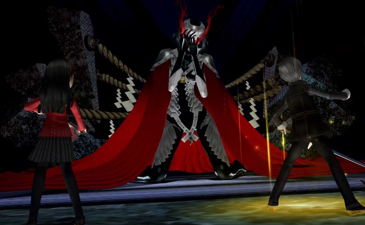 yu using a break item on kusumi-no-okami in the fight in the hollow forest in persona 4 goldewn