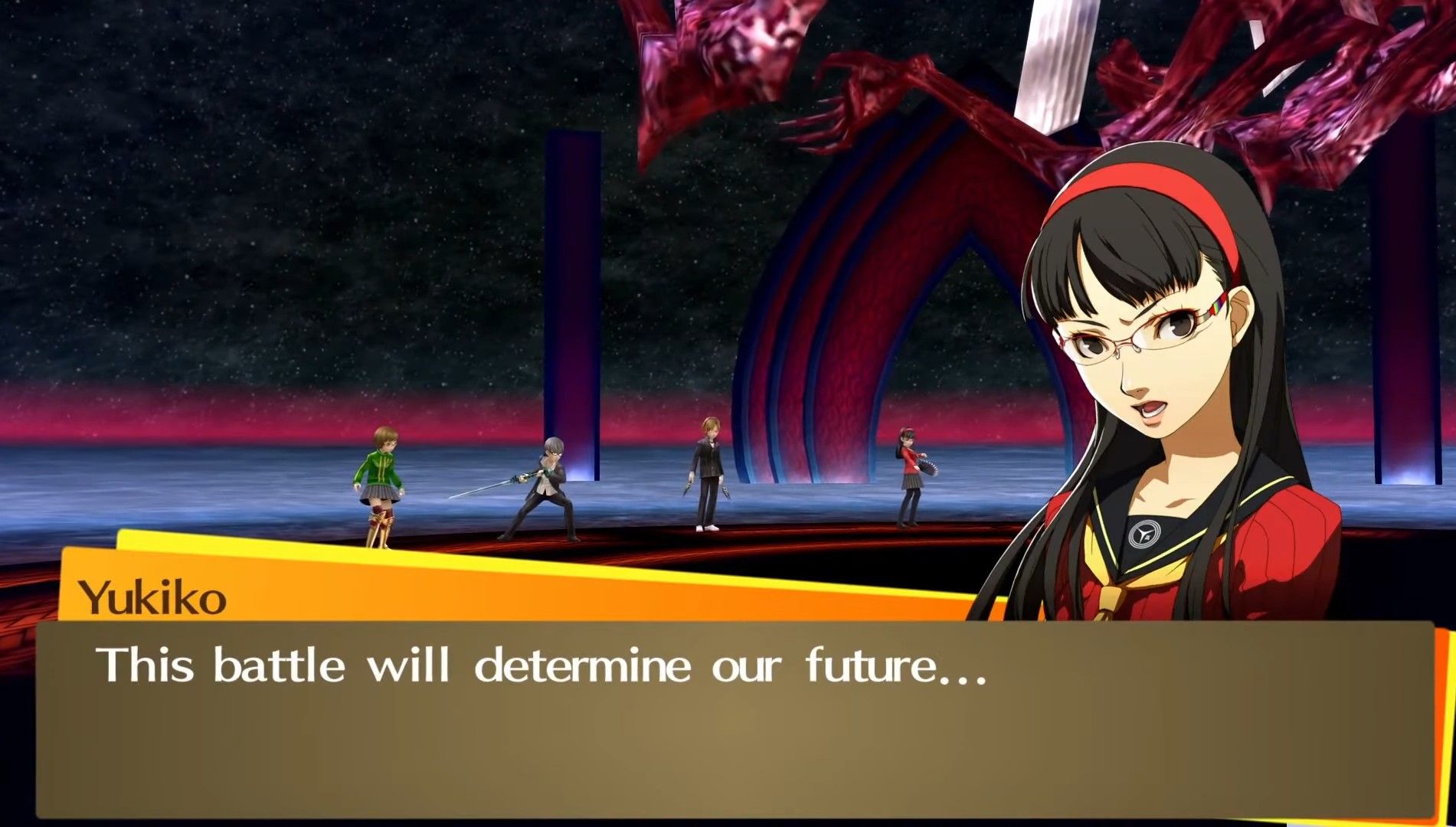 yukiko telling chie, yu, and yosuke the battle against izanami-no-okami will determine their future at the end of persona 4 golden
