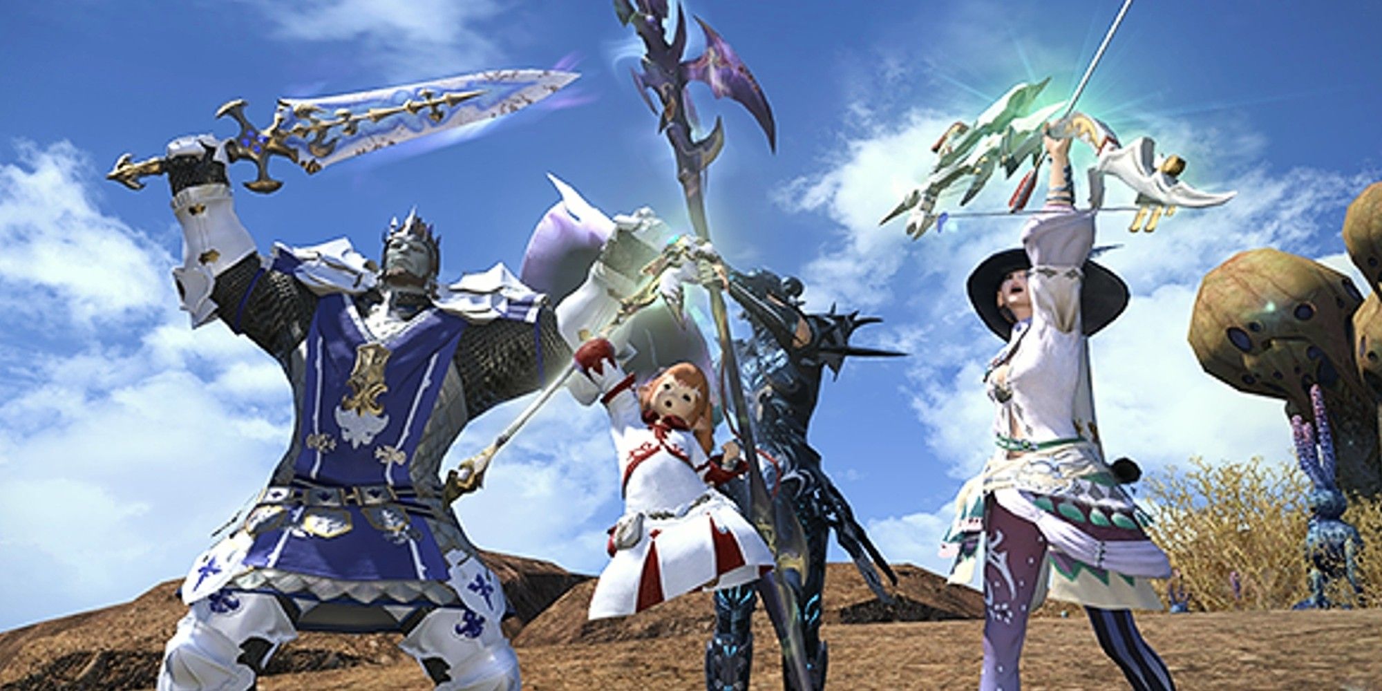 a group of warrious of light show off the glowy lights off Zodiac Relic Weapons - Final Fantasy 14