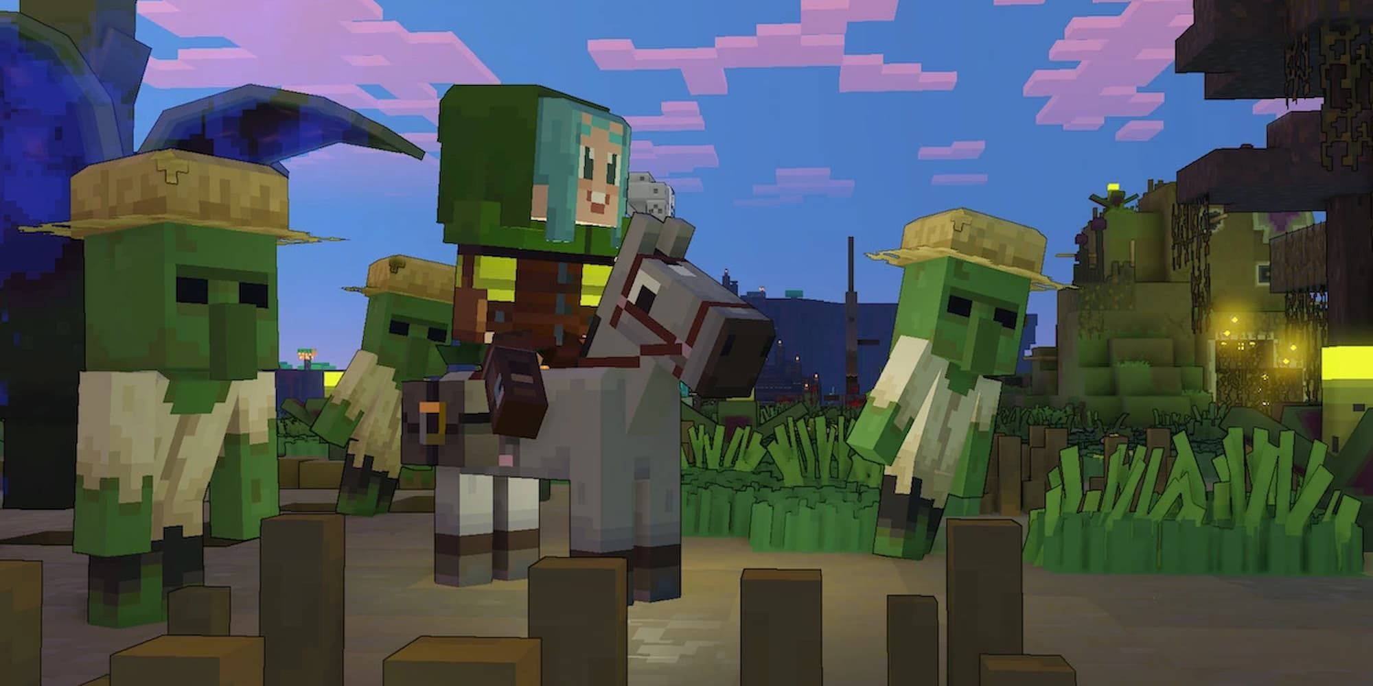 Trois Zombies Flanquent Un Héros Sur Leur Cheval Dans Minecraft Legends.