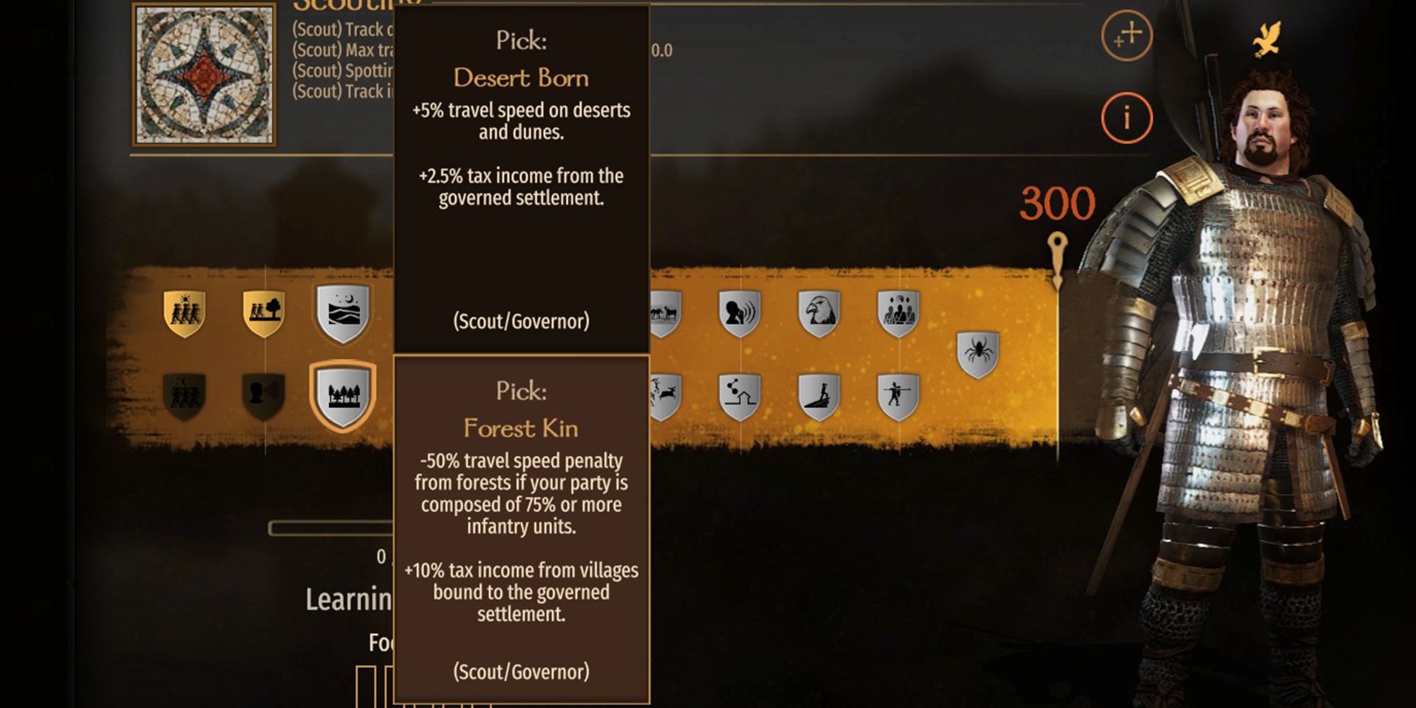 Mount & Blade 2: Bannerlord Forest Kin Perk: -50% movement speed penalty out of forests if party consists of 75% or more infantry units. +10% tax revenue from villages bound to governed settlements.