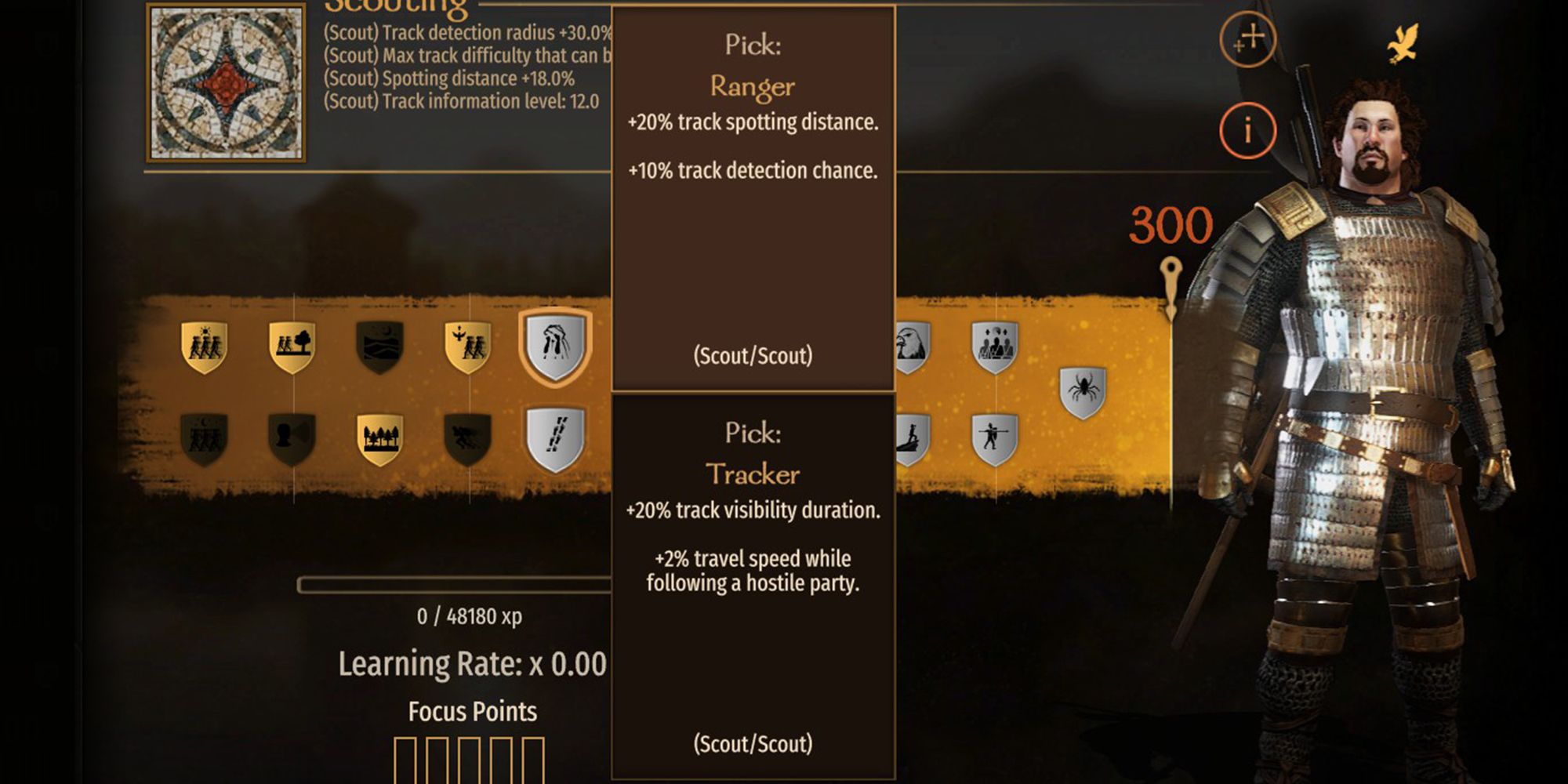 Mount & Blade 2: Bannerlord Tracker Perk: +20% tracking visibility duration.  +2% movement speed while following a hostile party.
