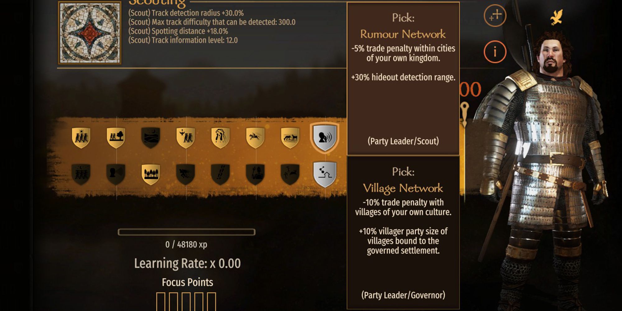 Mount & Blade 2: Bannerlord Rumor Network Perk: -5% trade penalty within cities of your kingdom.  +30% hideout detection range.