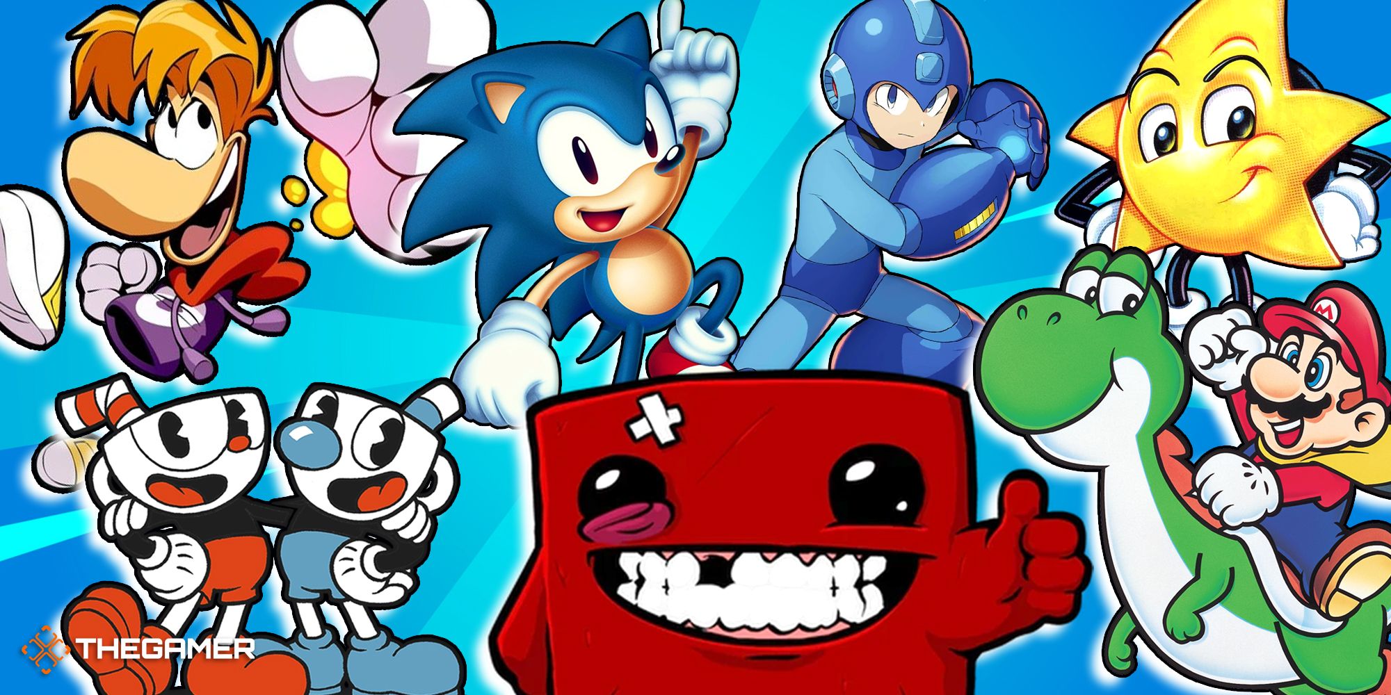 Spielbilder von Super Meat Boy, Ristar, Cuphead, Sonic Mania, Rayman Legends Mega-Man X und Super Mario World.