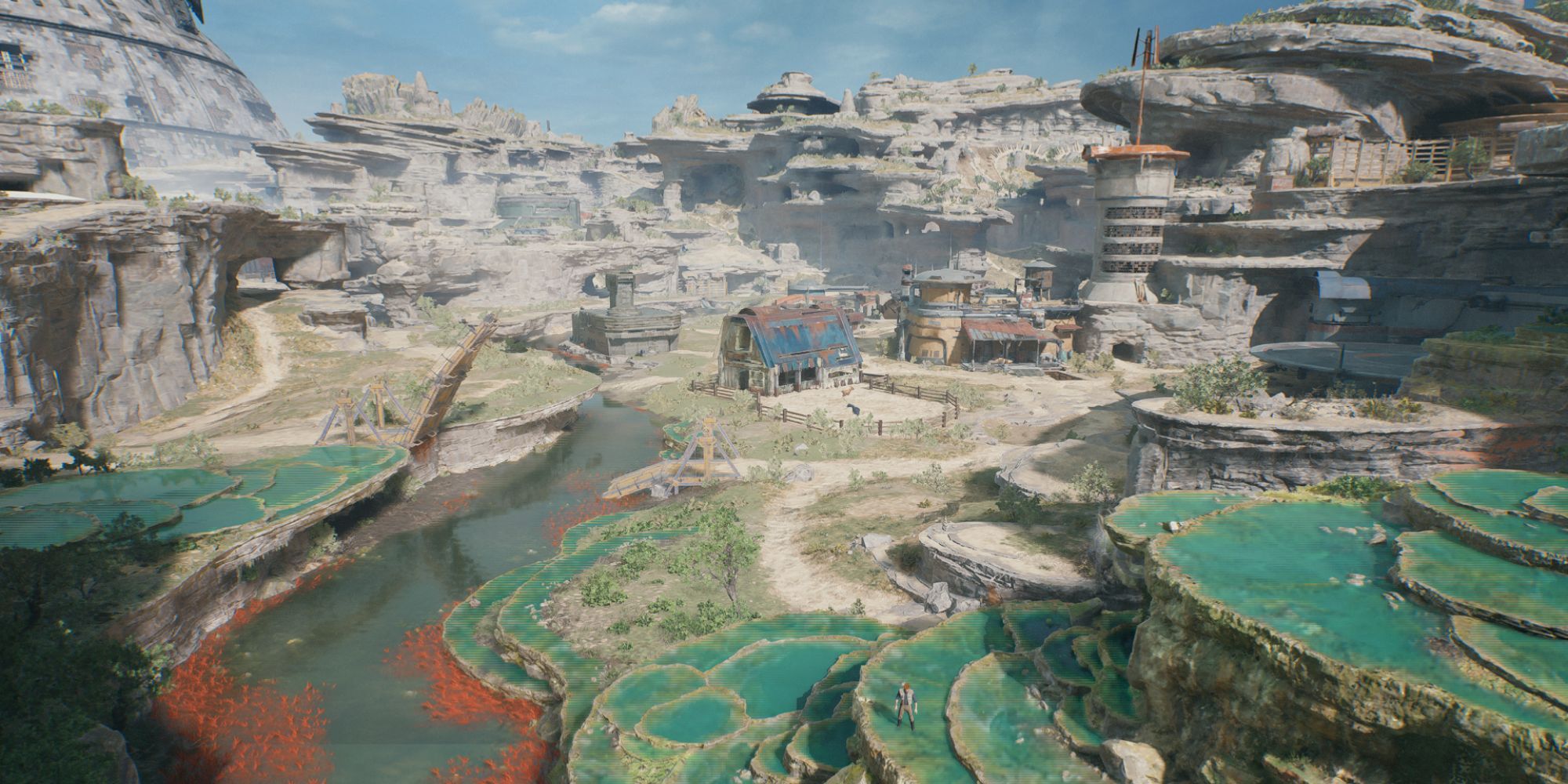 An aerial view of Koboh's landscape, with the outpost hub in the distance