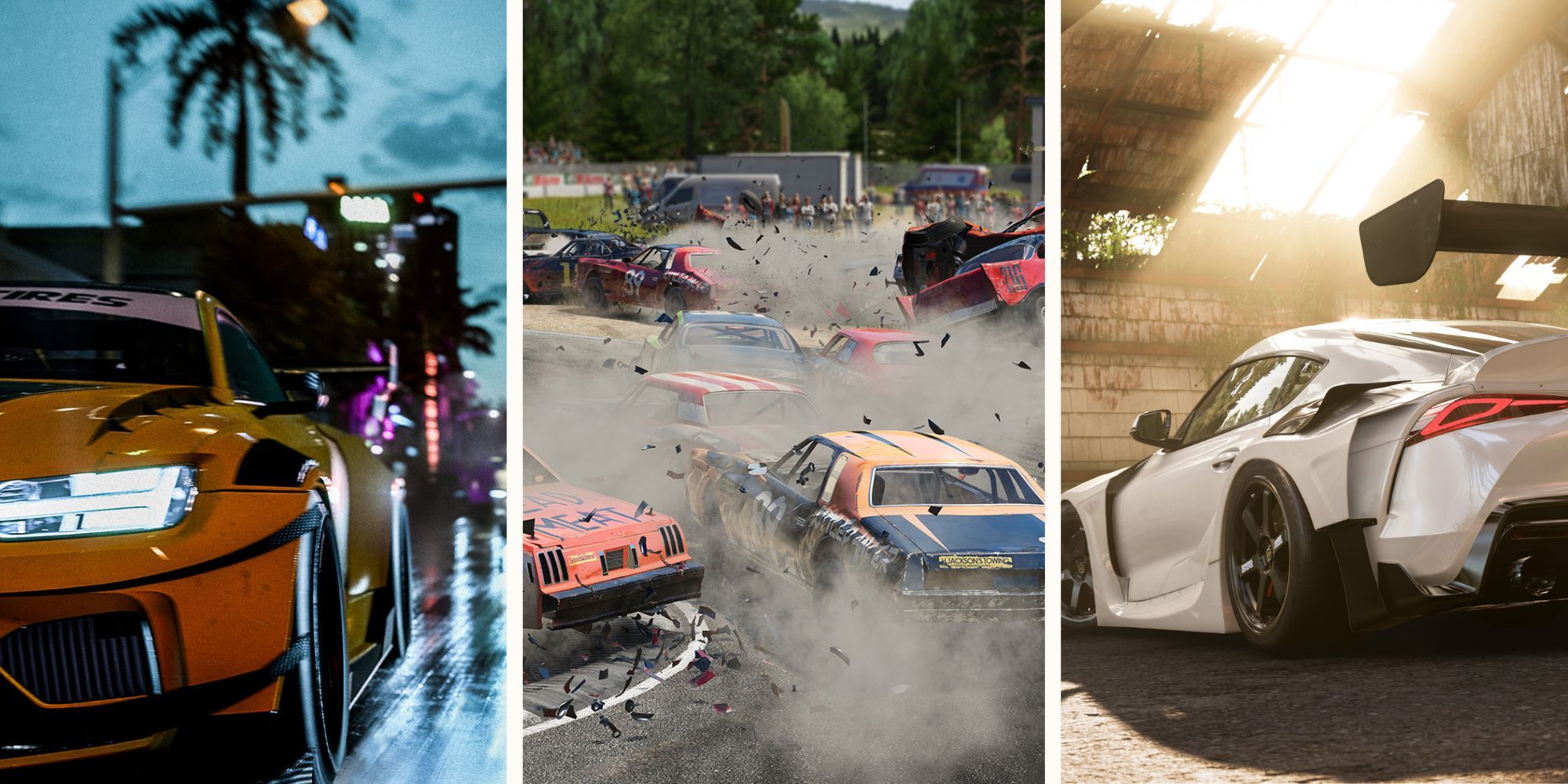 A collage showing pictures of Need for Speed Heat, Wreckfest, and Forza Horizon 5.