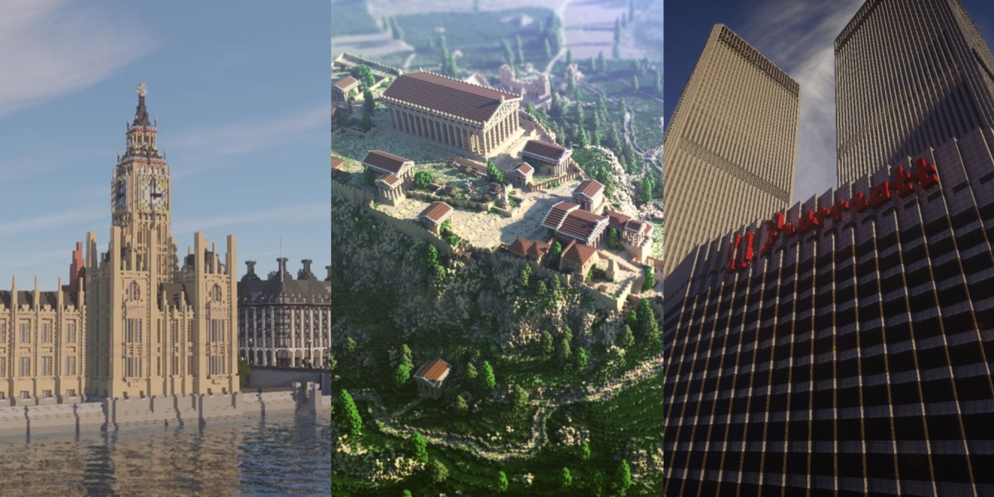 Split image of Minecraft creation of historical locations