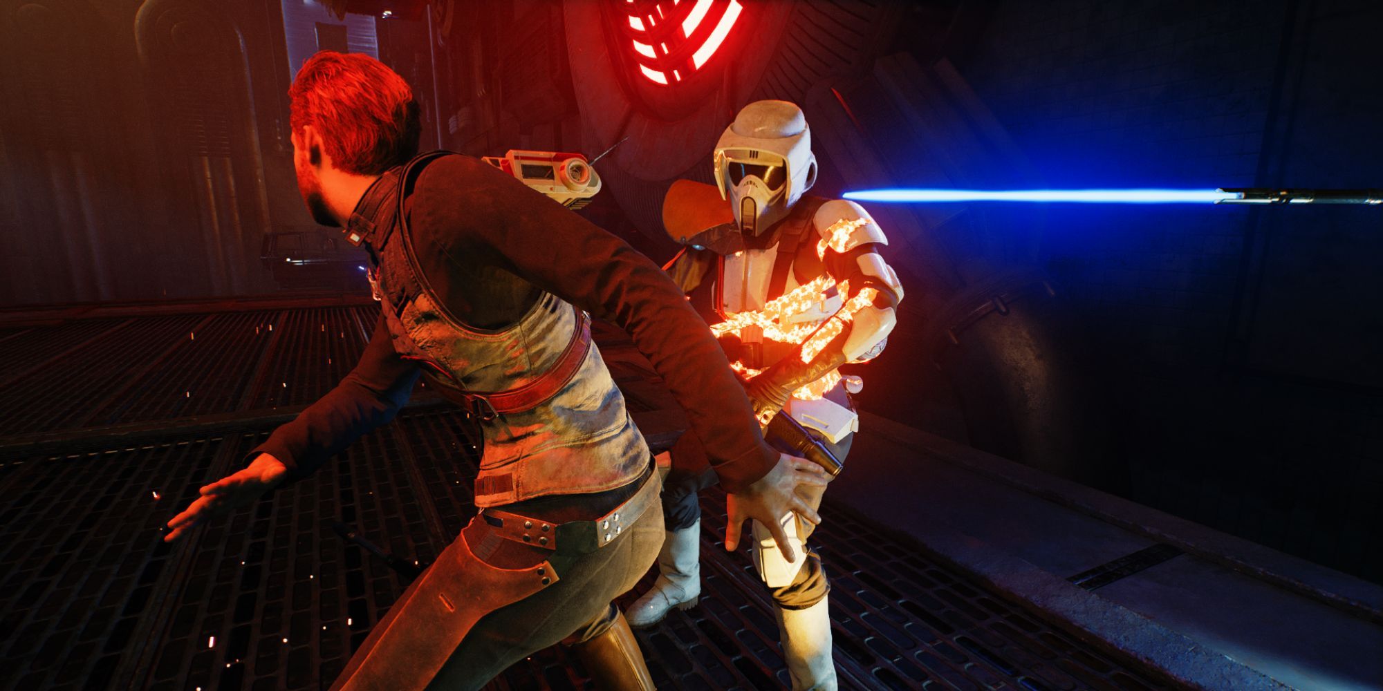 Cal slices through a stormtrooper's armor by throwing his lightsaber forward in a spin