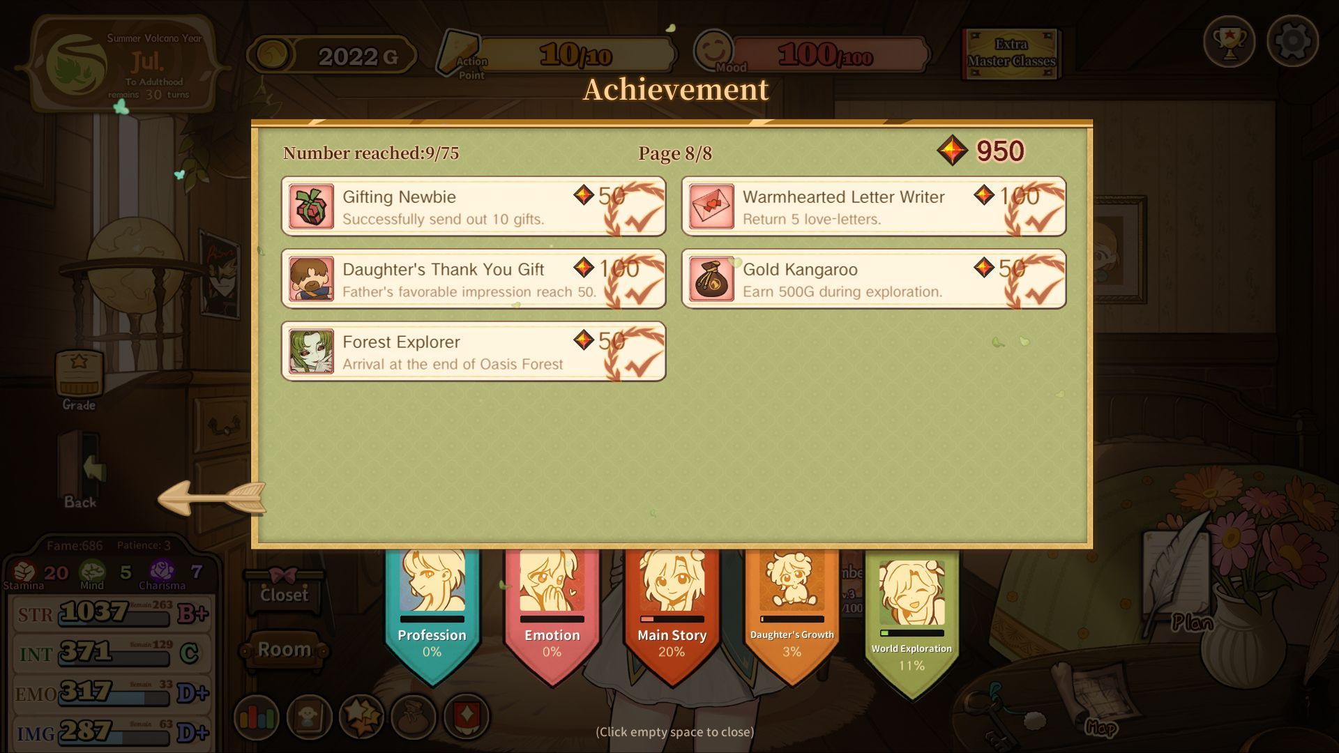 Achievements in Volcano Princess give upgrade points for future playthroughs