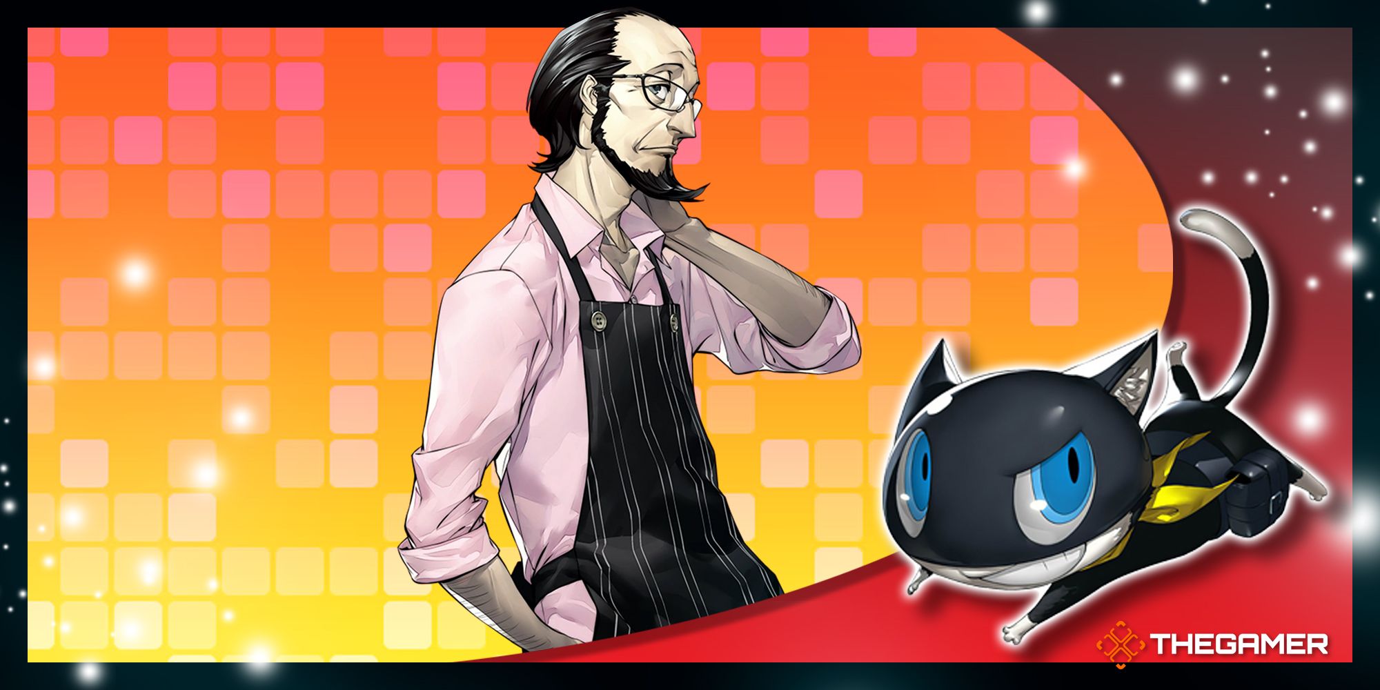 sojiro sakura on an orange and red background in our red p5r morgana frame for the sojiro confidant