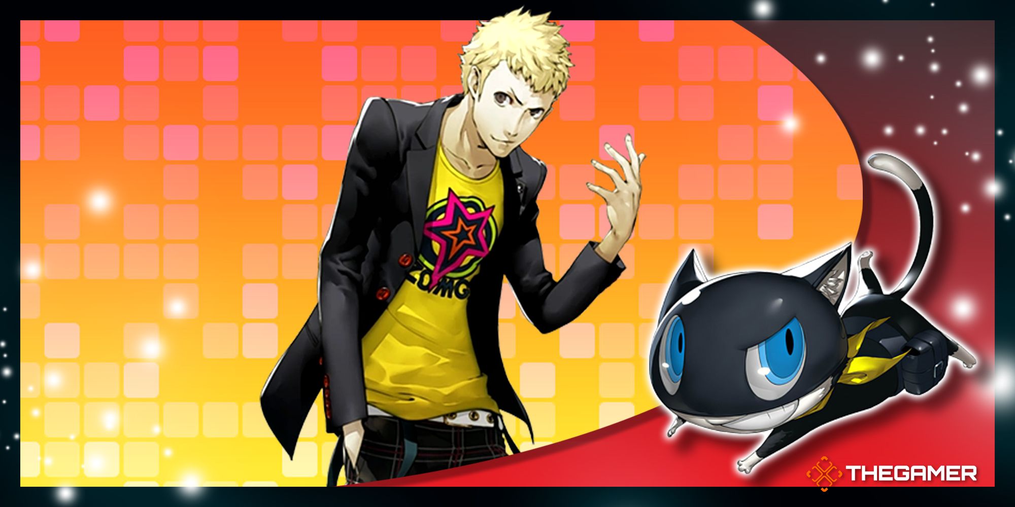 ryuji sakamoto in front of an orange and yellow gradient background in our red persona 5 royal p5r morgana frame ryuji confidant guide feature