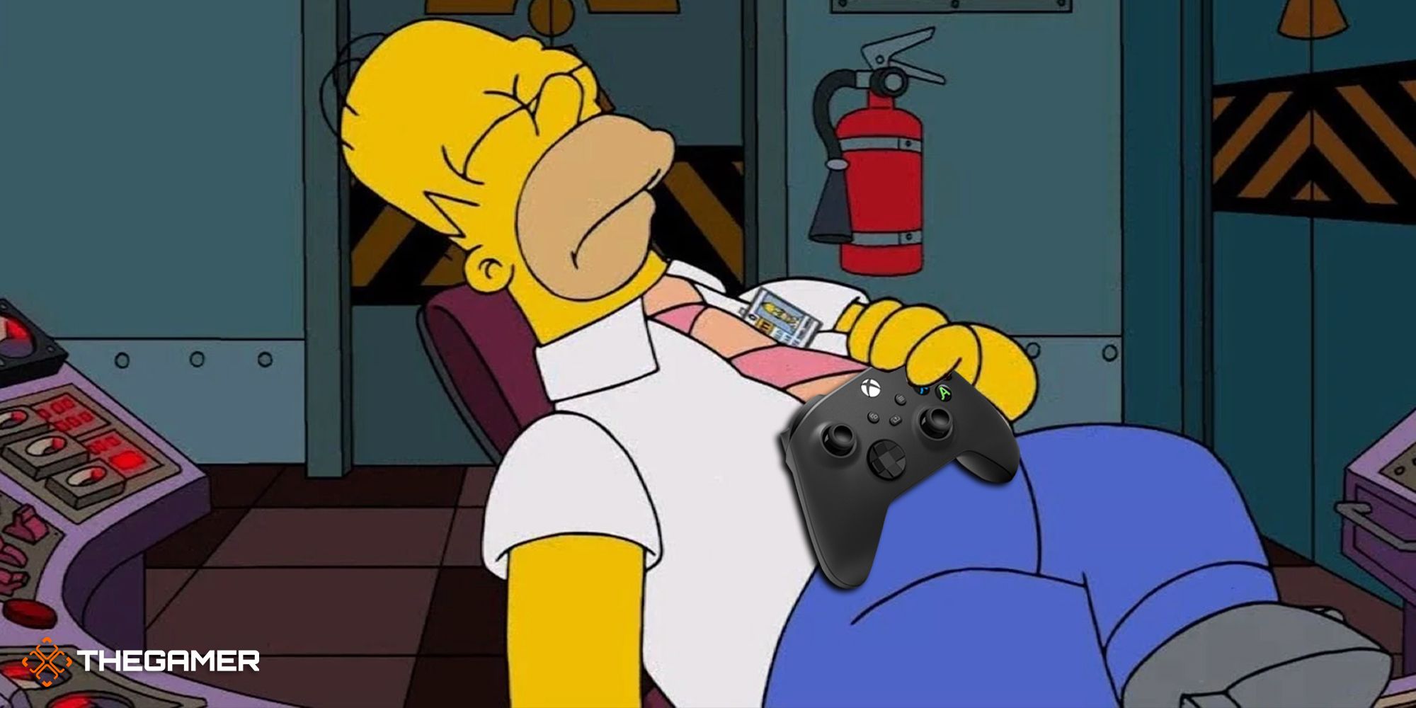 Homer Simpson asleep at a control panel with an Xbox controller in his hand