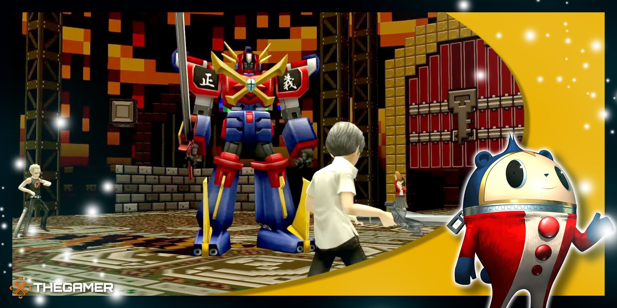 yu narukami and kanji tatsumi about to battle escapist soldier in the optional bonus fight boss battle in void quest persona 4 golden in our p4g teddie frame