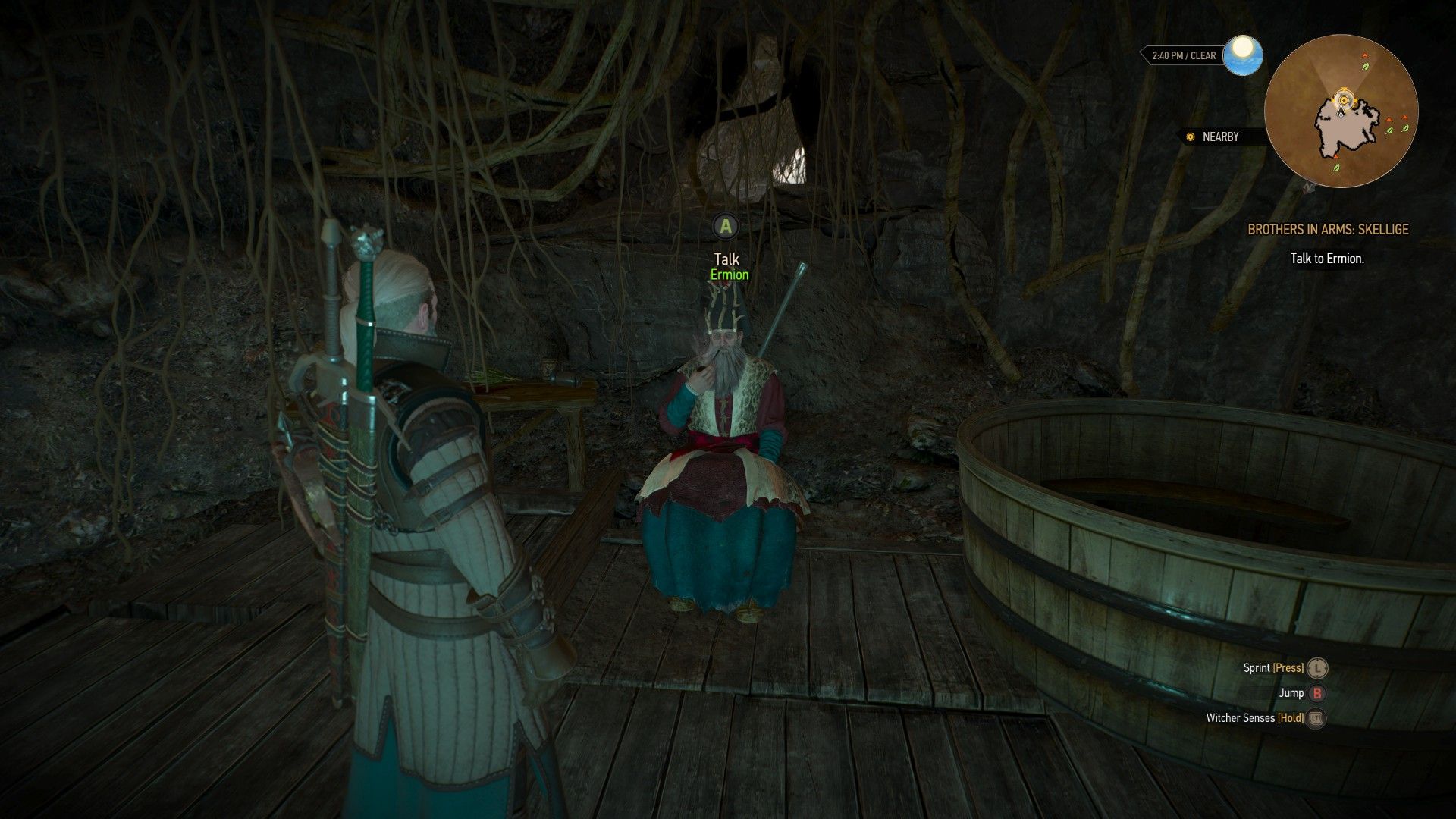 A screenshot of Geralt standing in front of a wizened druid inside a cave in The Witcher 3.