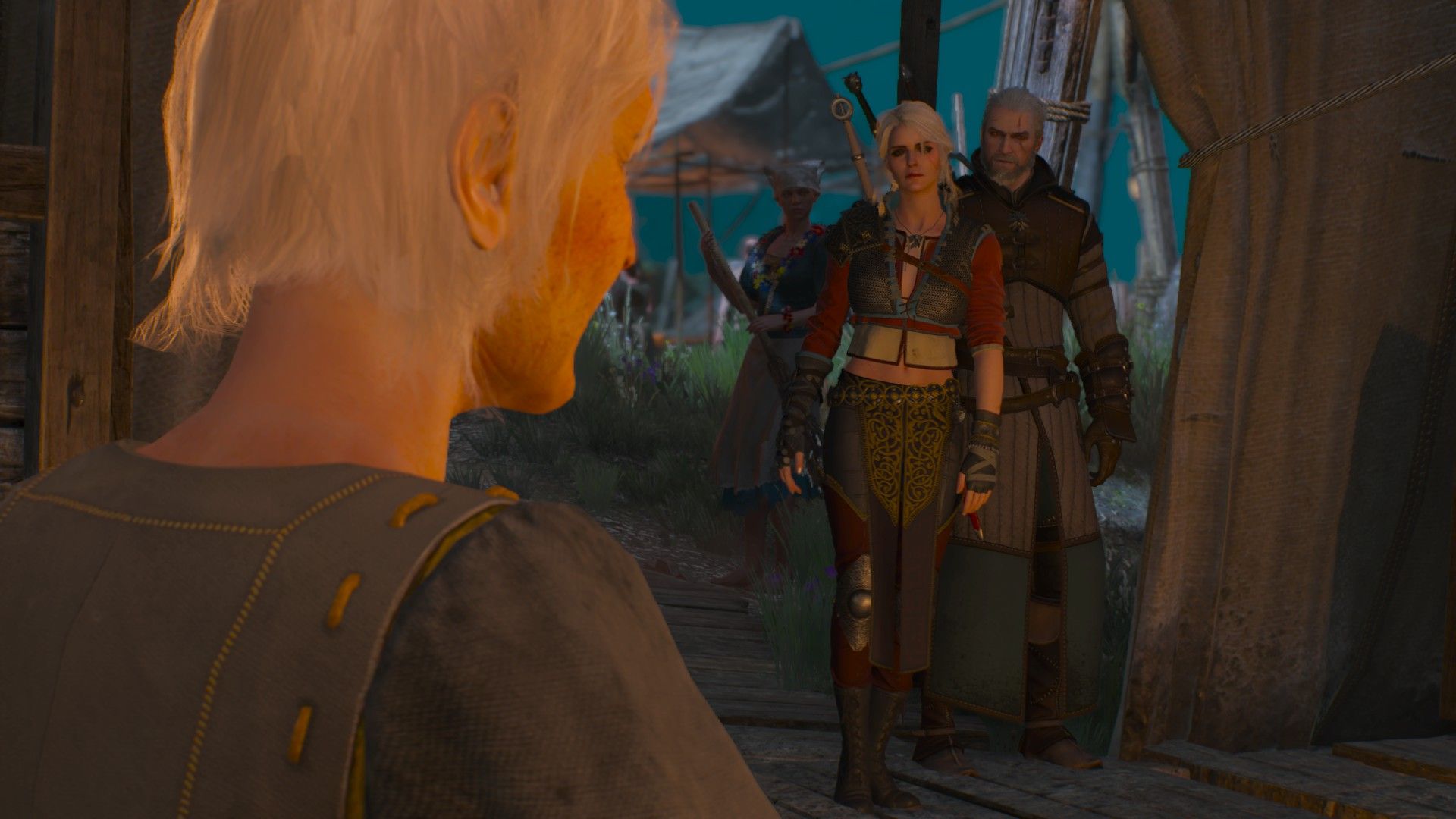 Geralt and Ciri enter a tent on top in the middle of a celebration, with a white-haired woman in the foreground.
