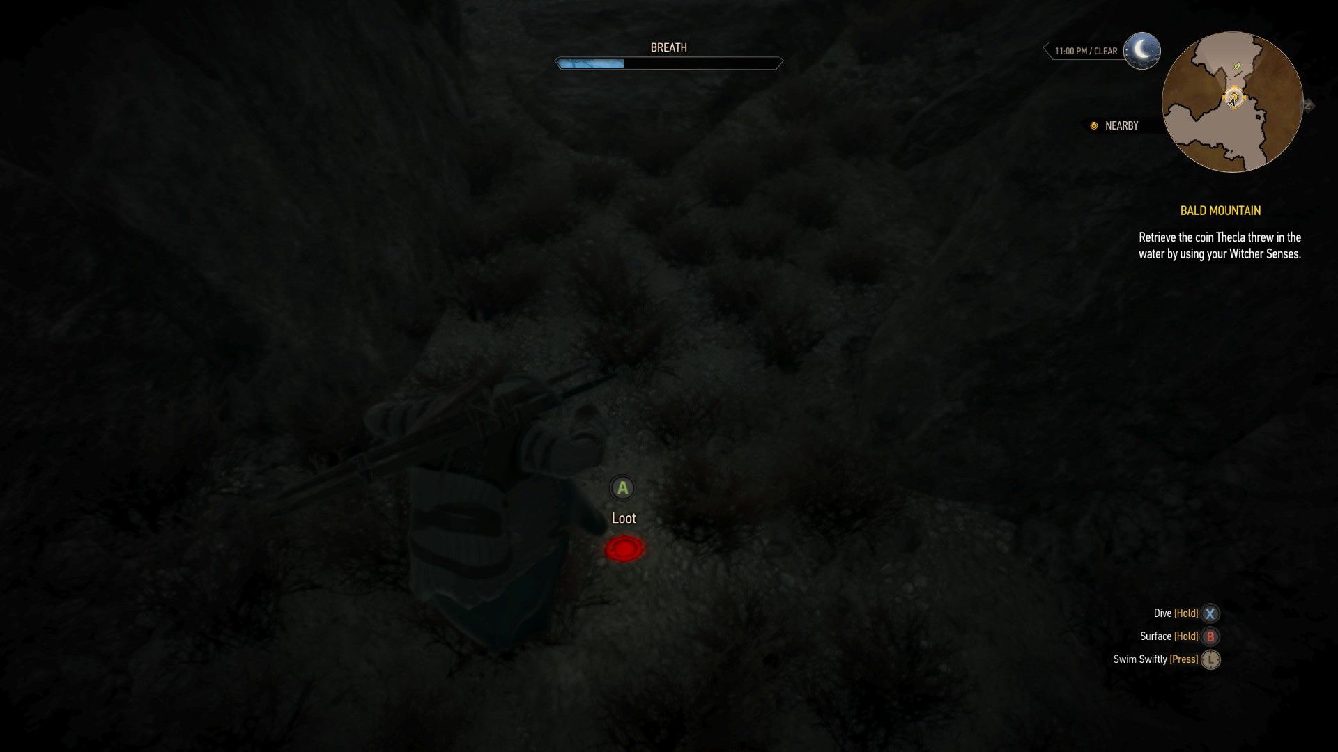 A screenshot of Geralt swimming next to a sunken coin in a lake.