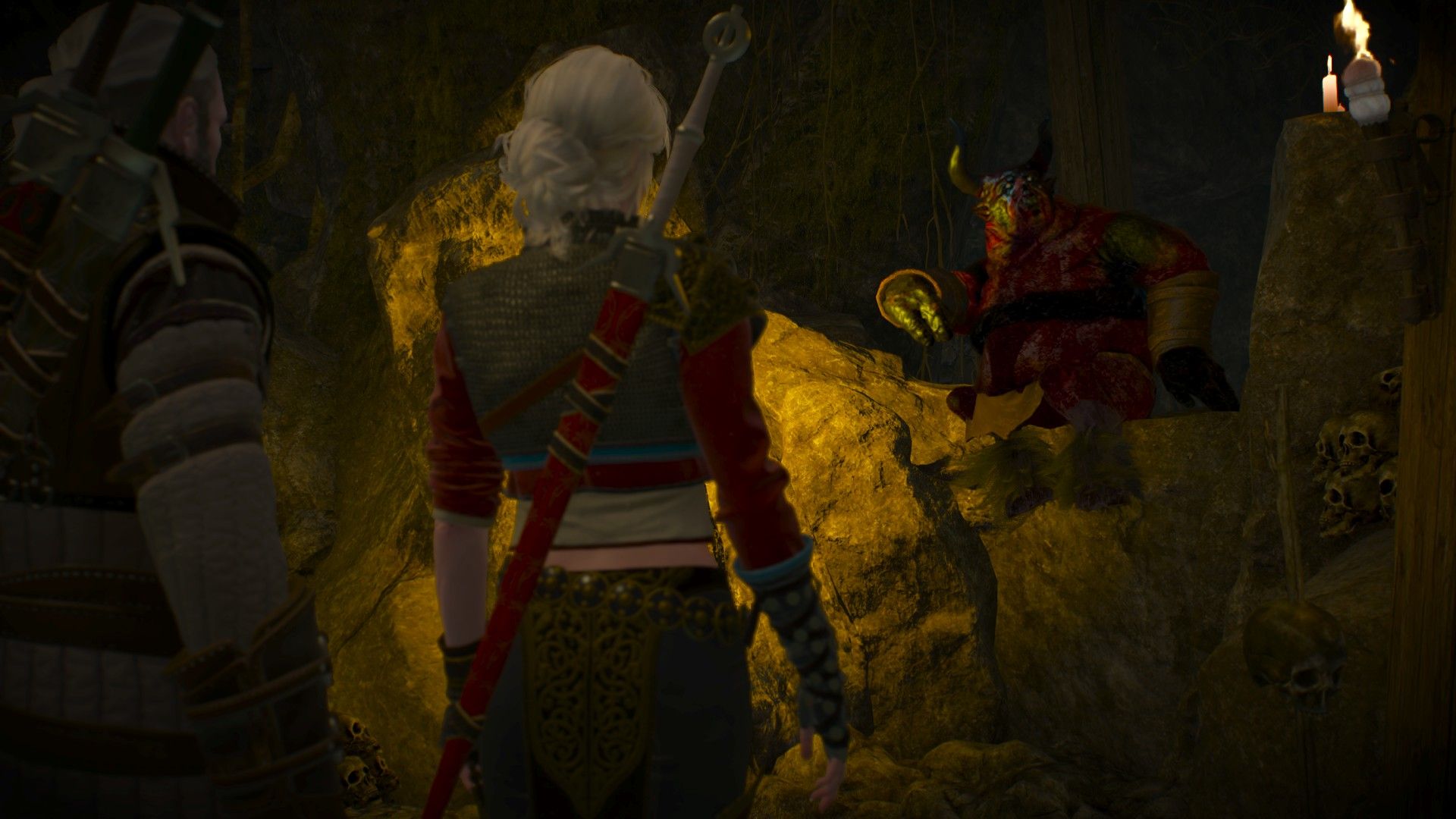 Geralt and Ciri walk together toward a large monster in a candlelit cave.