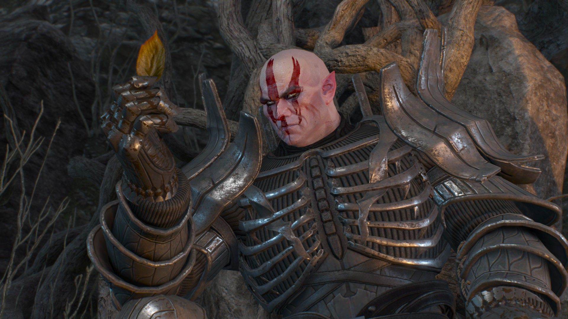 A humongous elf with red paint on his face ponders a leaf as he sits on a throne.