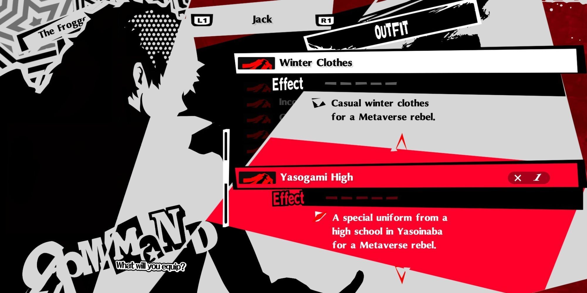 Persona 5 Royal - Modded screenshot shows the costume menu, indicating DLC music tied to each outfit