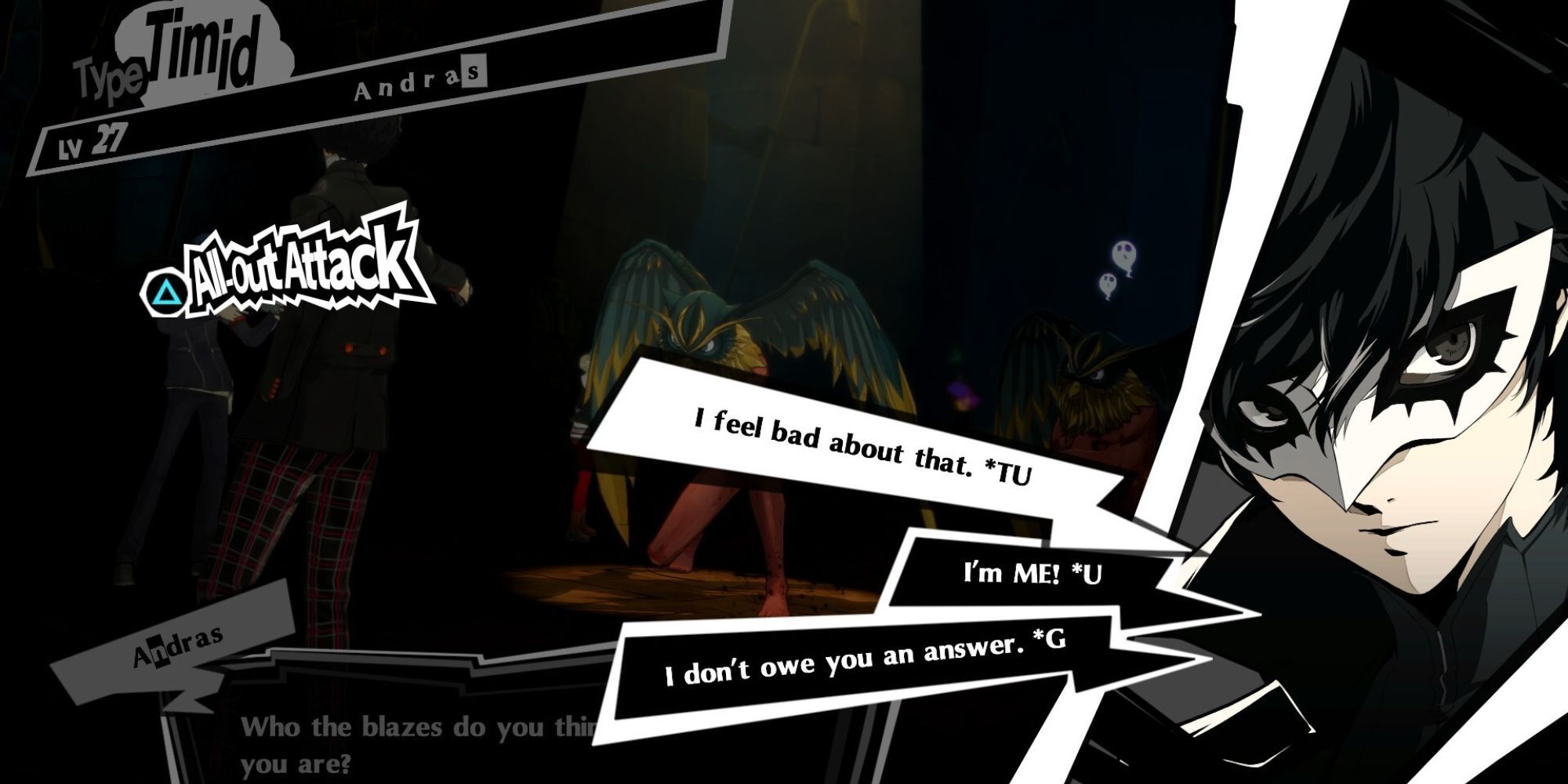 Persona 5 Royal - Modded screenshot shows the answers to Negotiating with Shadows as Joker talks to them