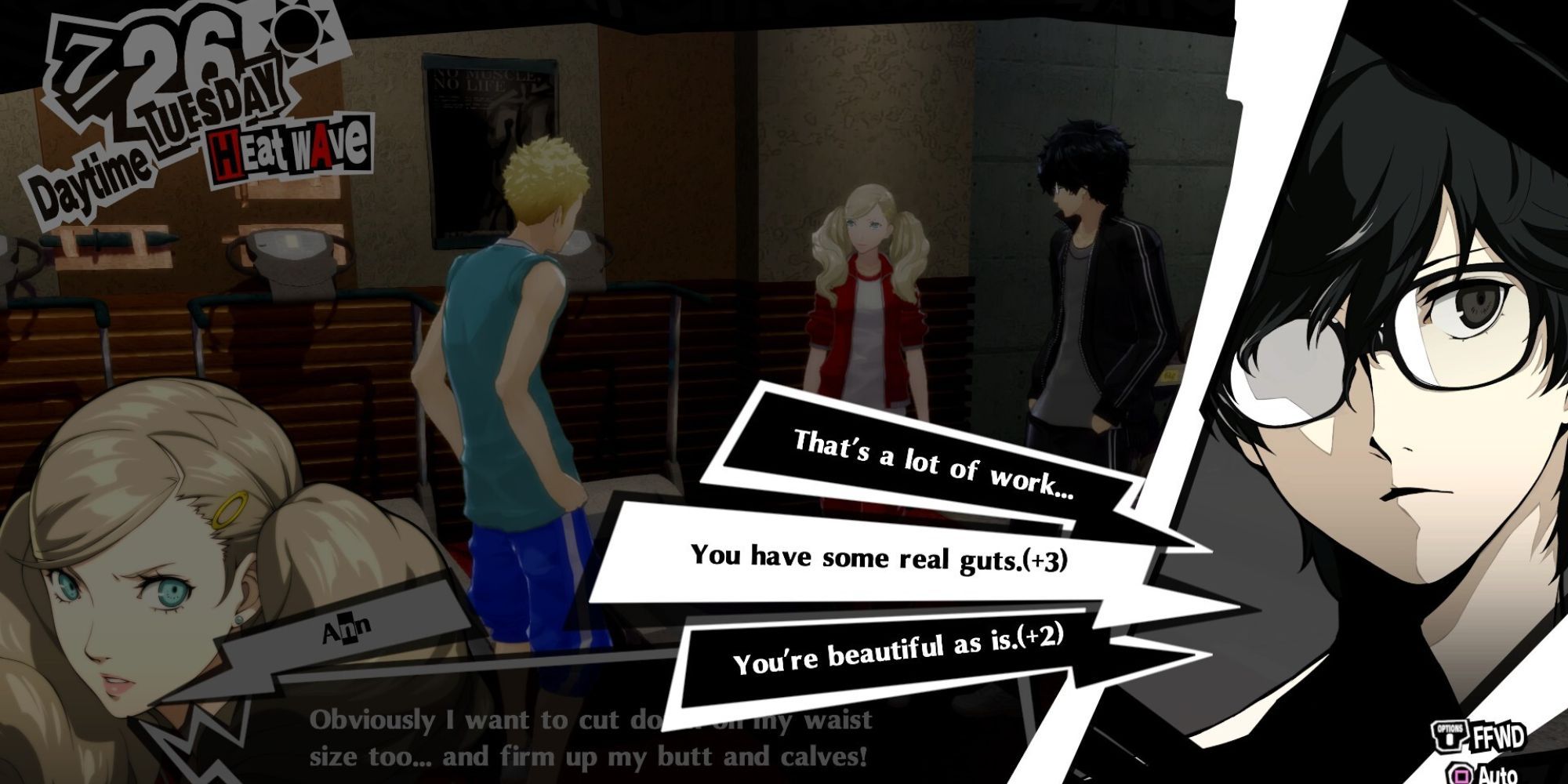 Persona 5 Royal - Modded screenshot shows the answers to Confidant hangouts with Ann and Ryuji