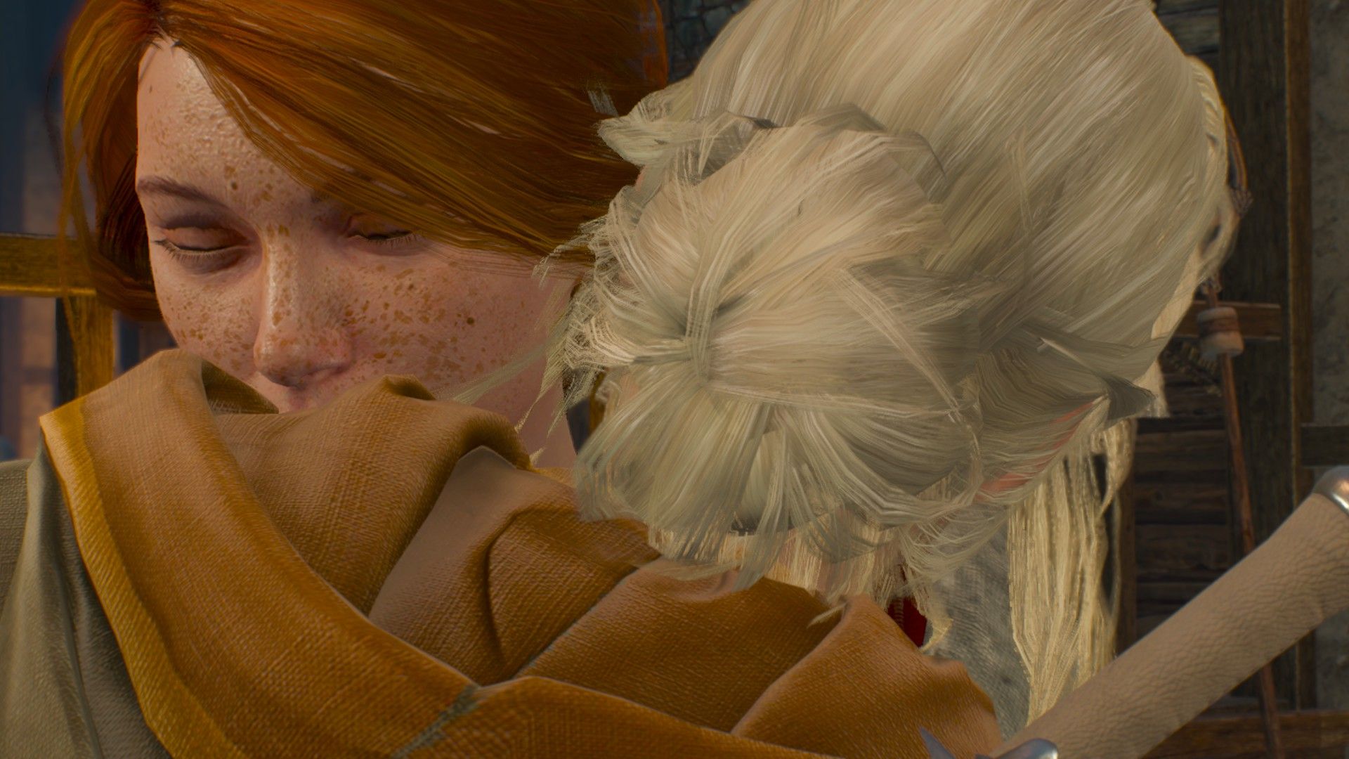 A red-headed woman embraces Ciri inside a tavern in Novigrad.