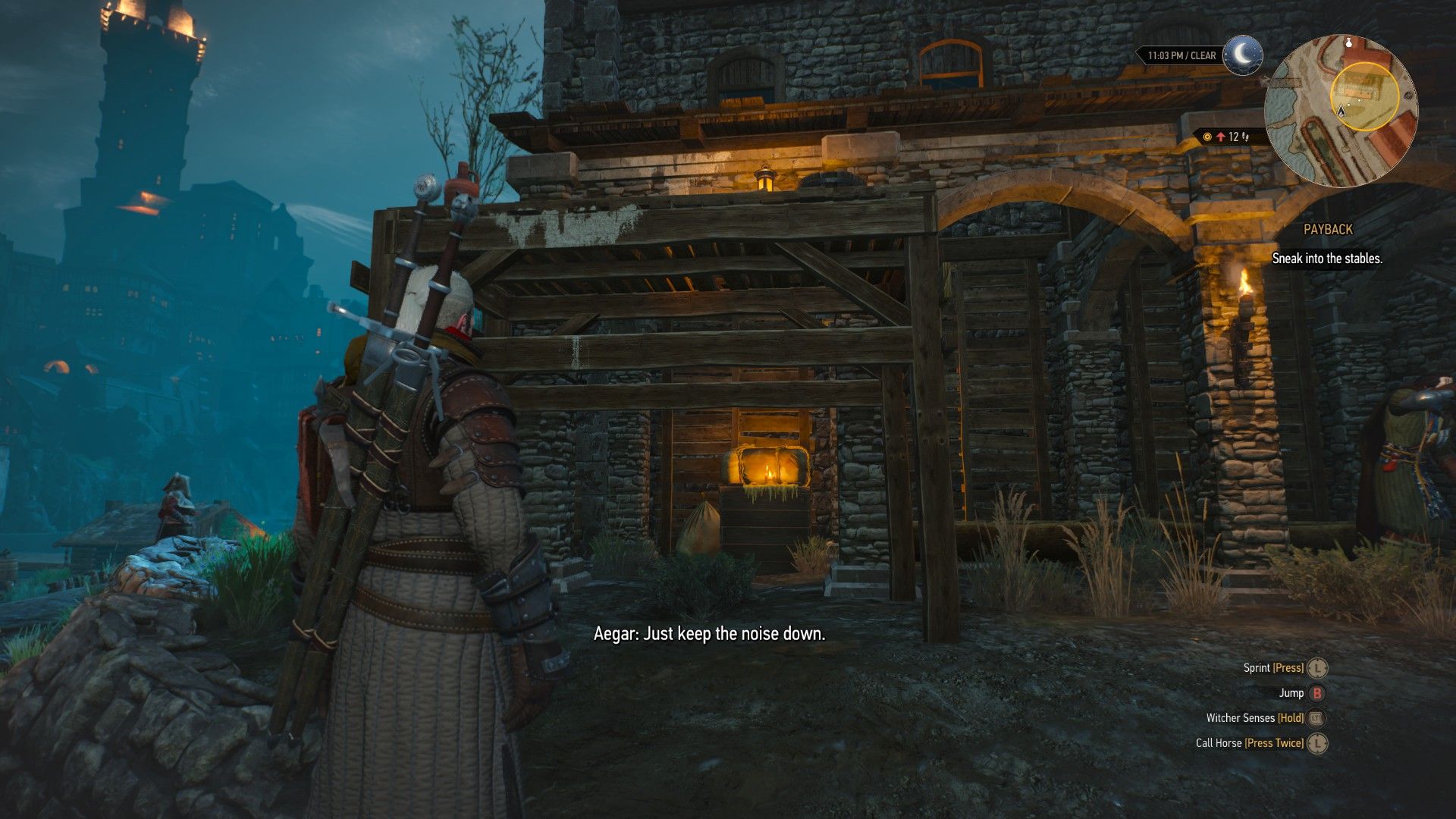 A screenshot of Geralt standing outside a stables, in front of some climbable scaffolding.