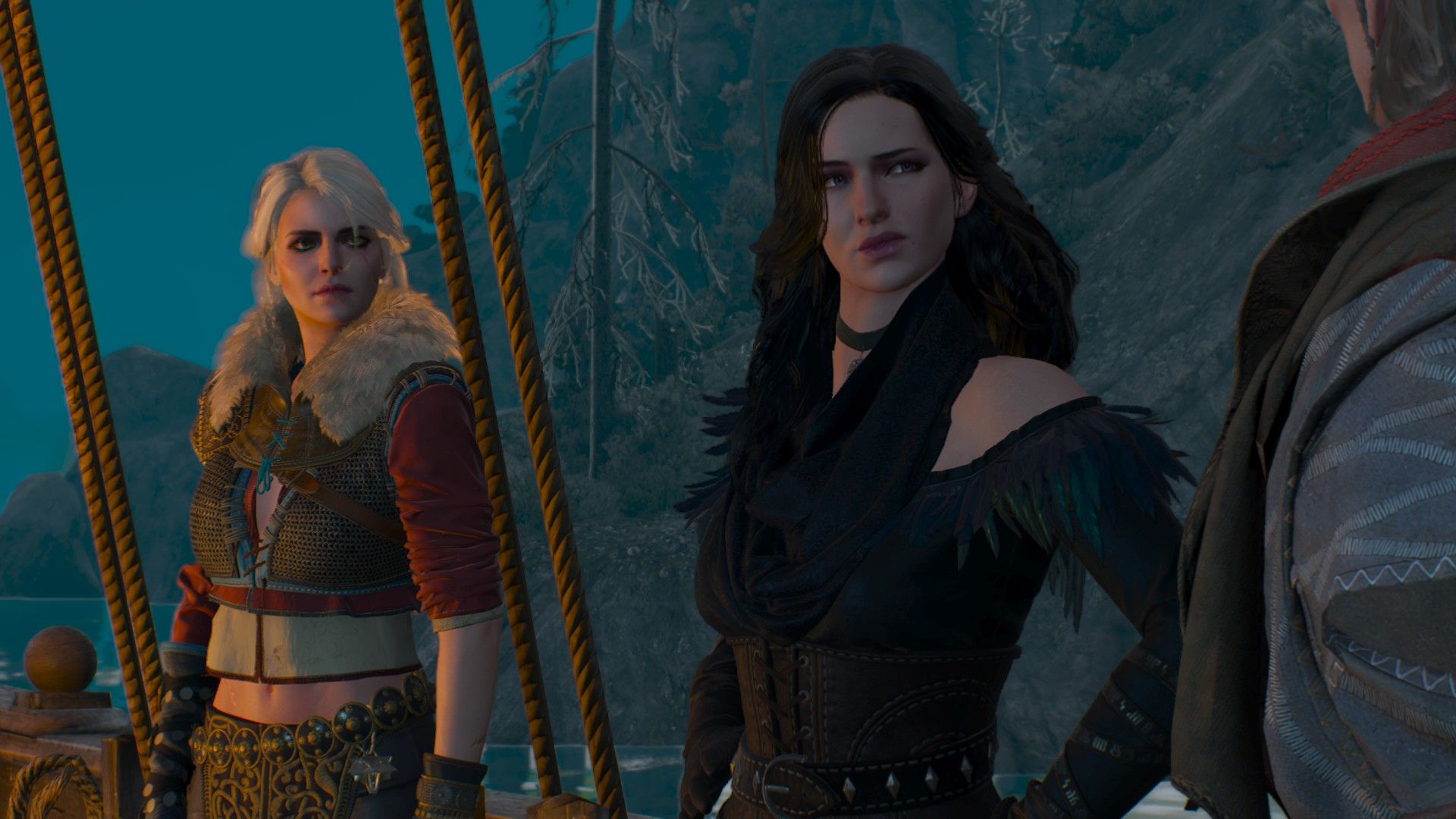 Yennefer and Ciri talk to Avallac&rsquo;h on a boat off the coast of Skellige at night, with the ship&rsquo;s torches lighting them.