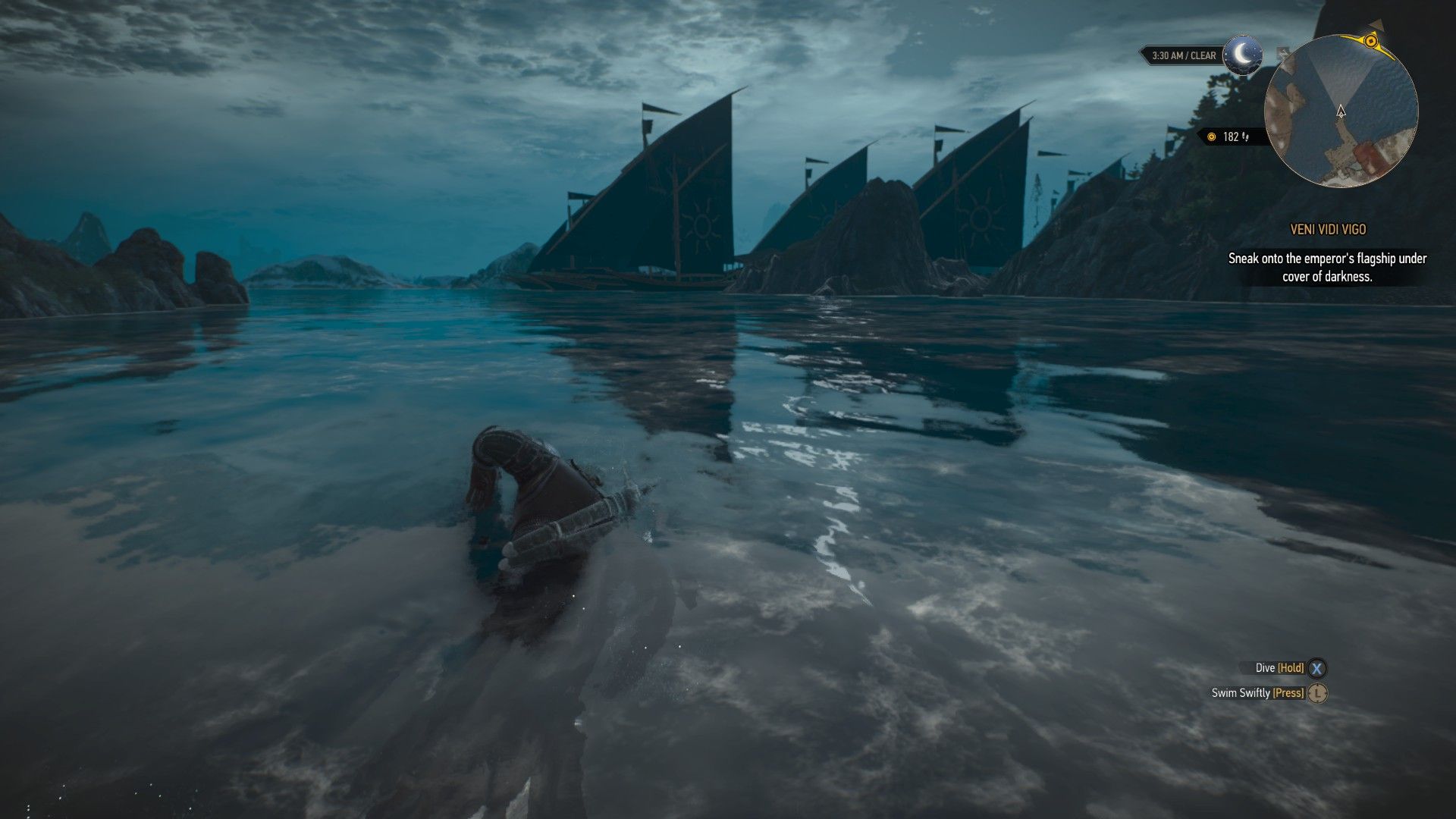 A screenshot of Geralt swimming across the ocean, towards a fleet of ships.