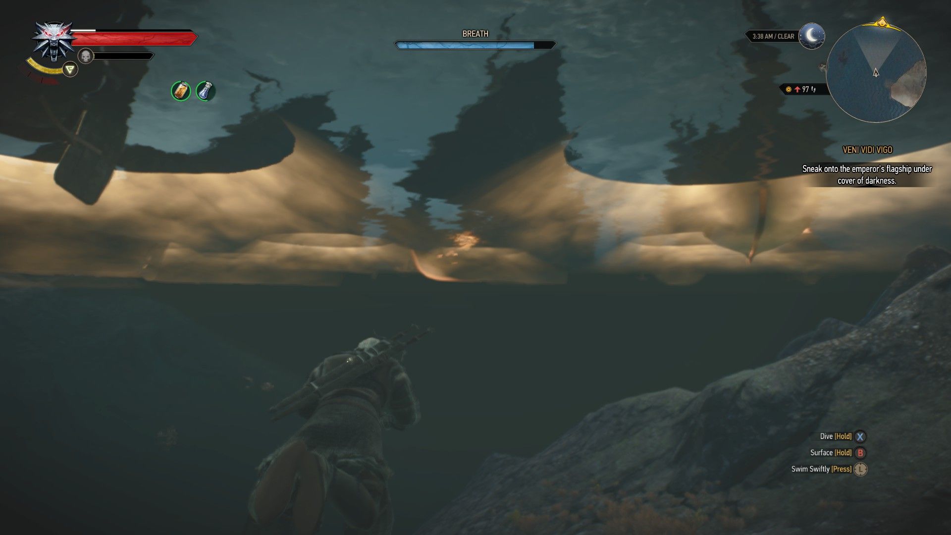 A screenshot of Geralt swimming underwater, with orange cones above him from searchlights.