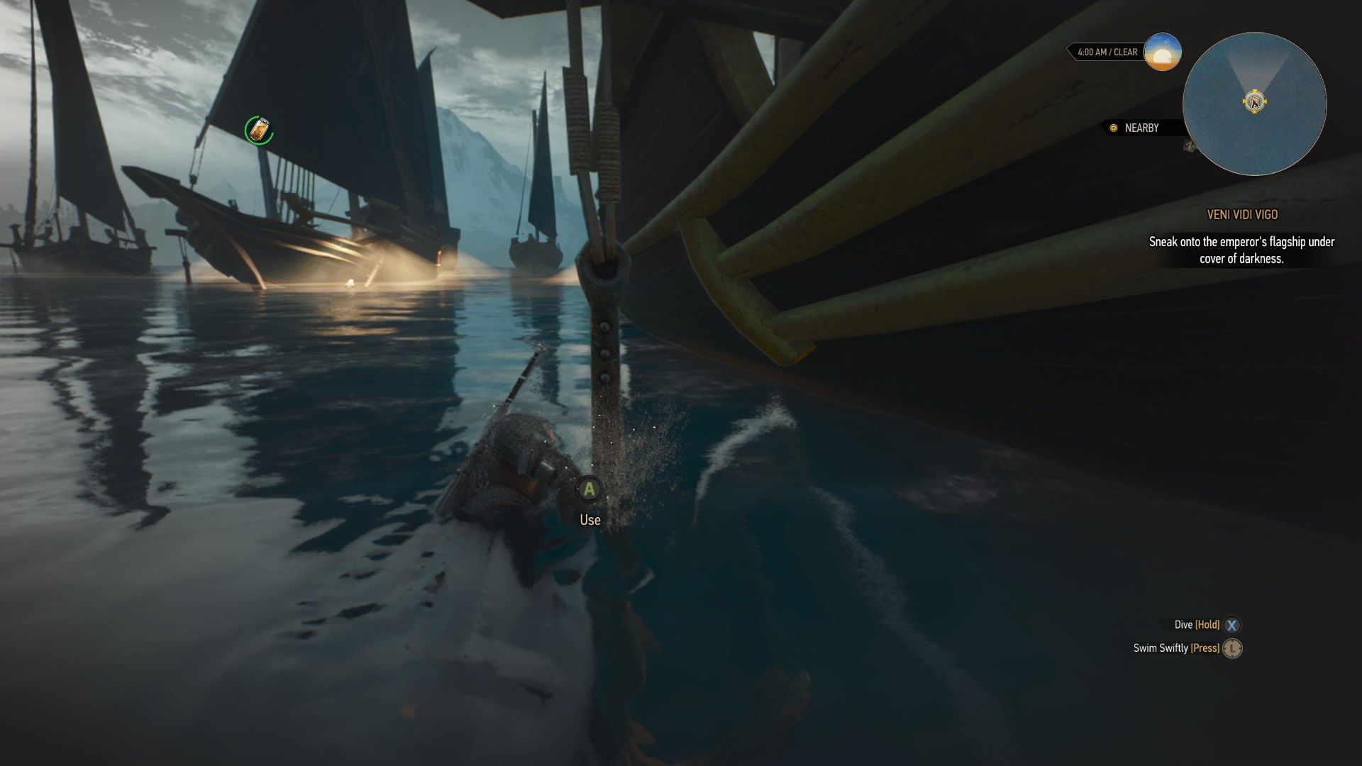 A screenshot from The Witcher 3, with Geralt at an anchor by a ship.