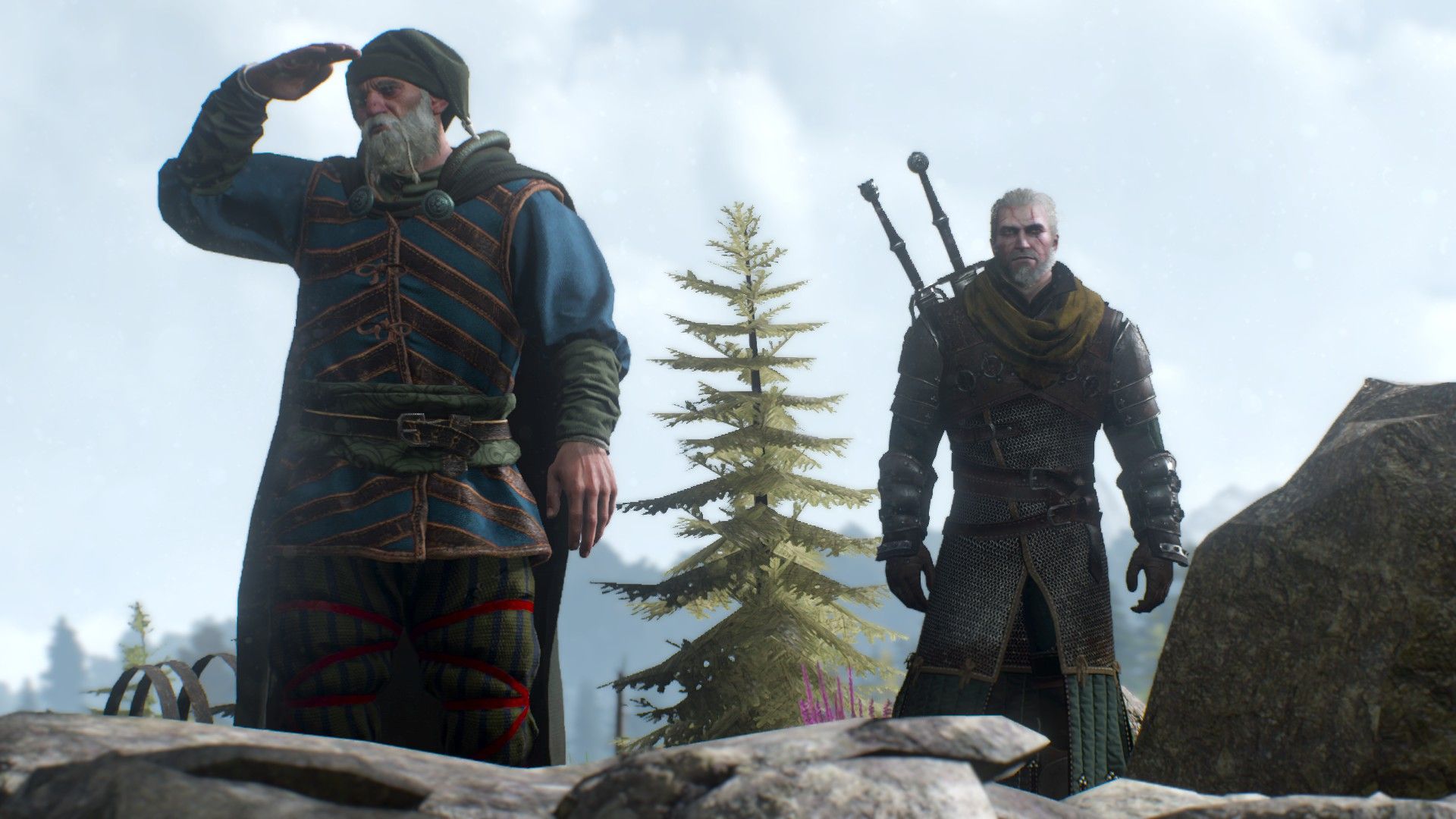 Geralt approaches an old man on a cliff as they look for a legendary whale.