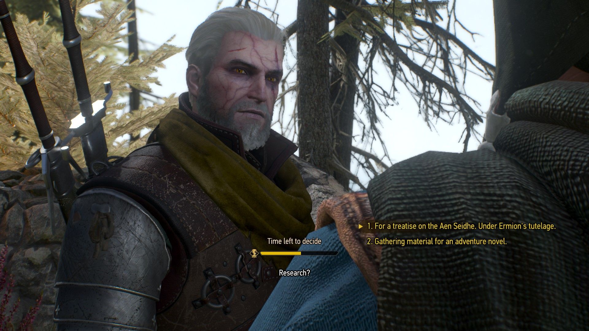 A screenshot of The Witcher 3&rsquo;s dialogue options, with a timer for choosing two options.