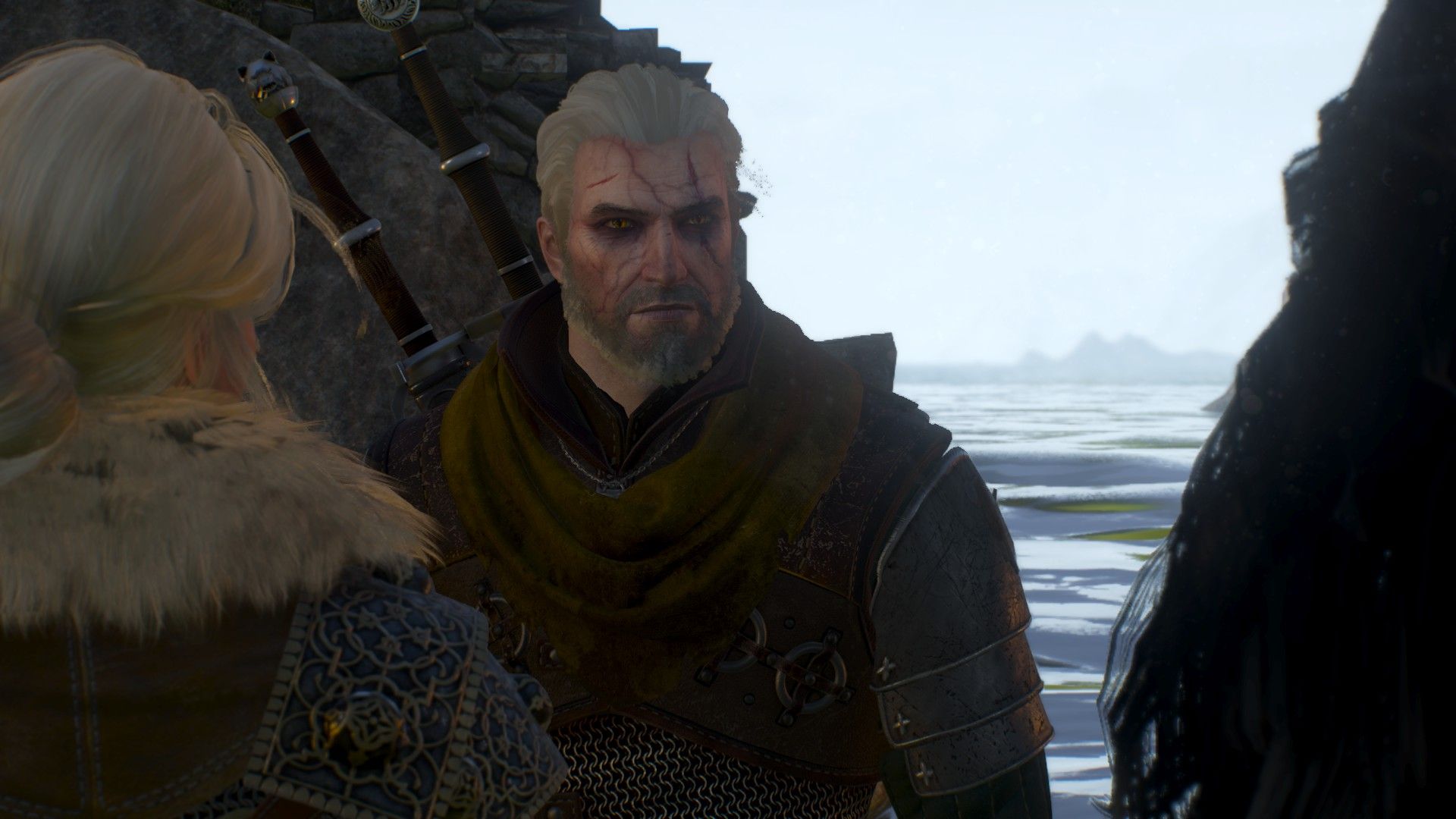 Geralt, Ciri, and Yennefer talk by the ocean during the day in Skellige.
