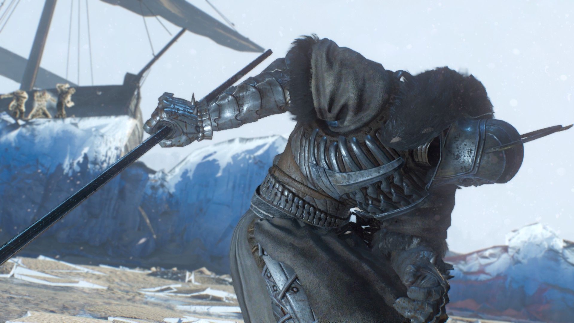 Caranthir, wearing heavily armor, staggers atop an ice floe after being hit.