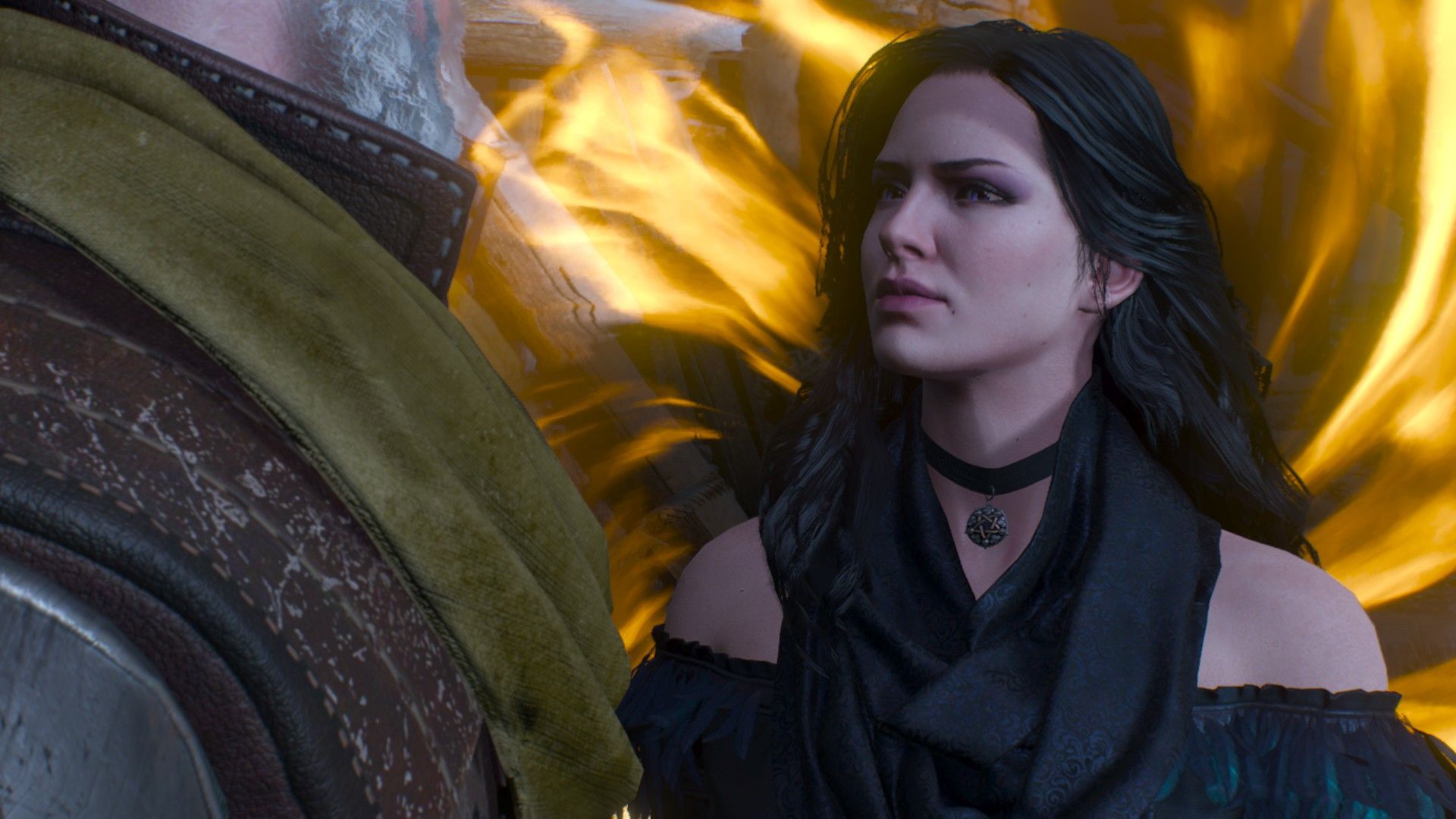 Yennefer talks to Geralt as an orange portal glows in the background.