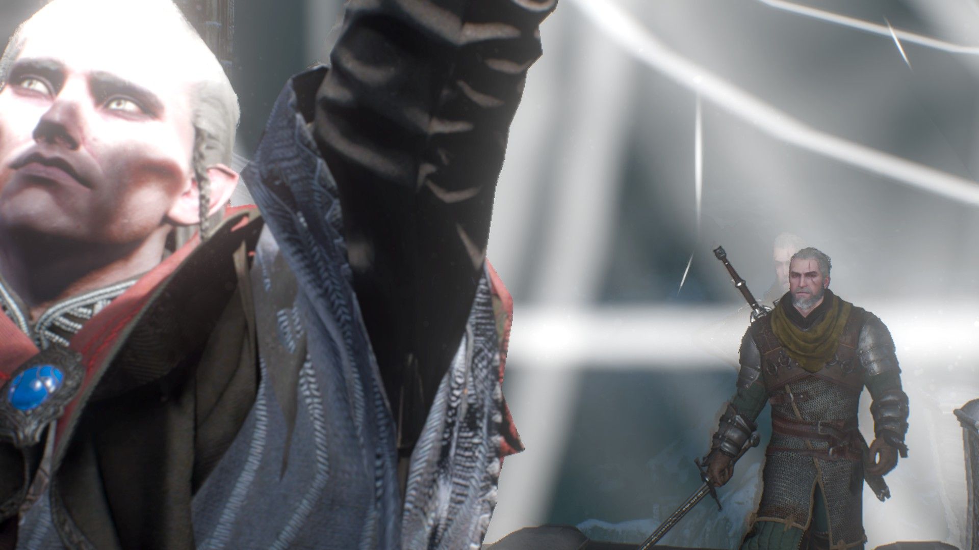 Geralt prowls up toward Avallac&rsquo;h with his sword drawn as the latter casts a powerful spell.