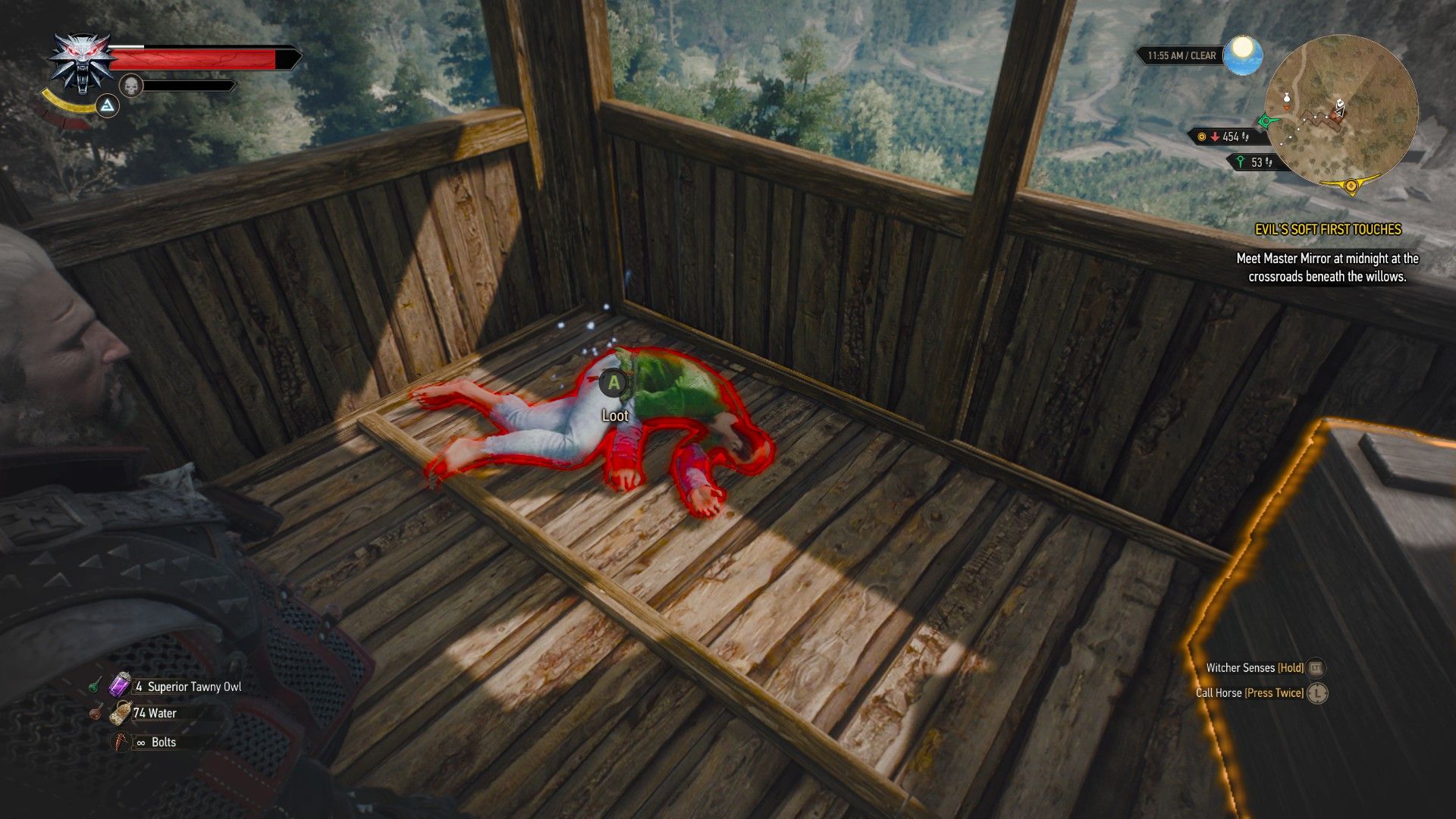 A screenshot of Geralt looking at a corpse that holds the items necessary to start the quest.