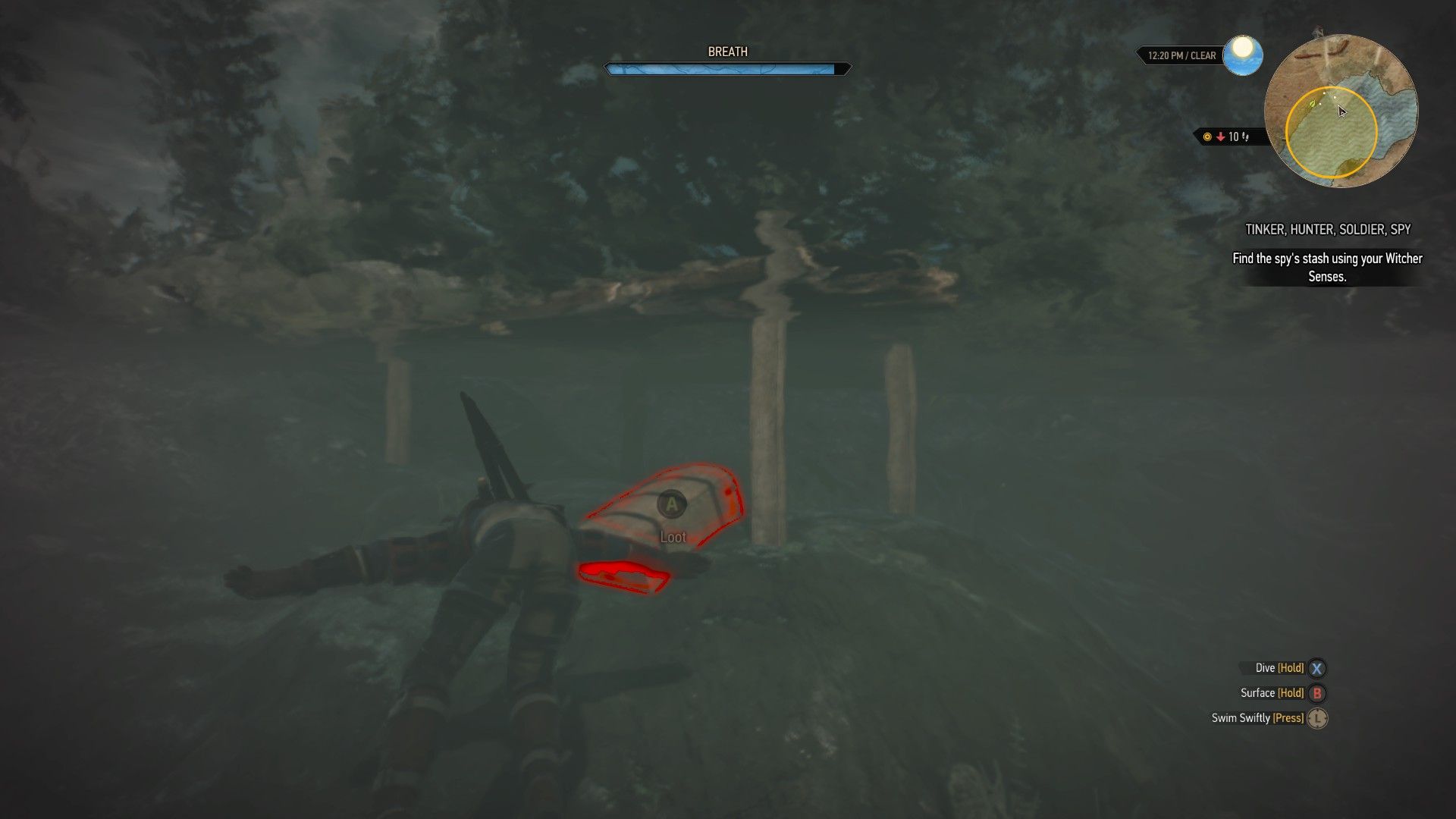 A screenshot of Geralt swimming towards a sunken chest under a lake.