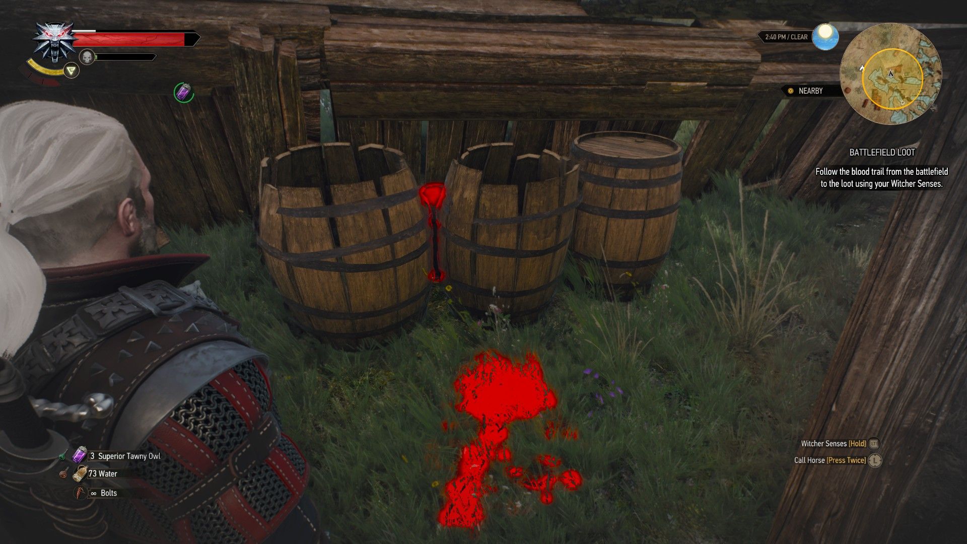 A screenshot from The Witcher 3 showing where a treasure chest is behind some barrels.