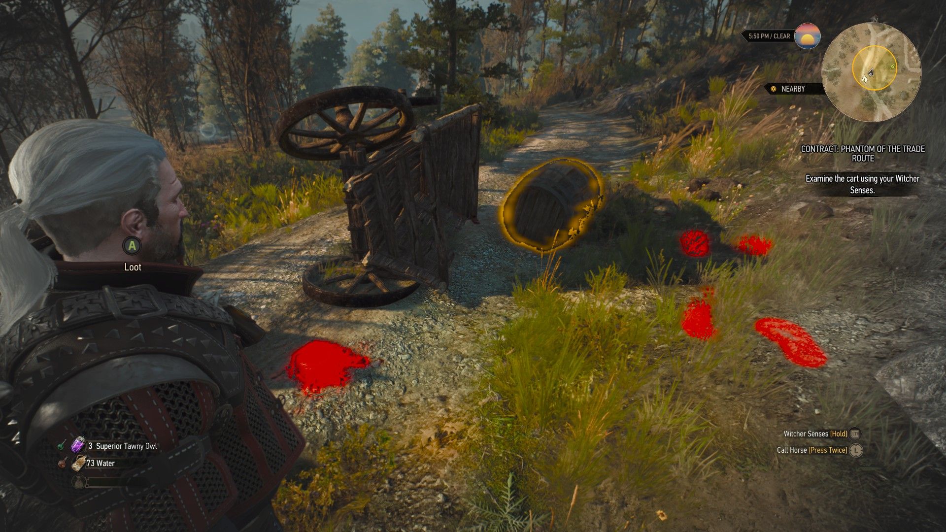 A screenshot of Geralt looking at a destroyed caravan in the wilds of Velen.