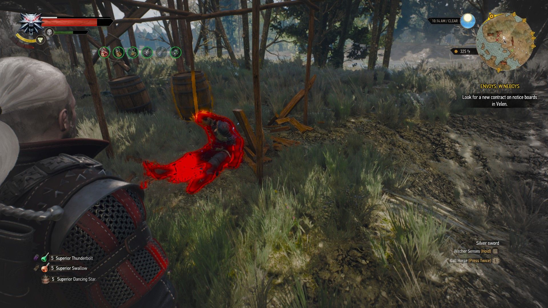 A screenshot of Geralt&rsquo;s Witcher Senses highlighting a slumped-over body in red in a swamp.