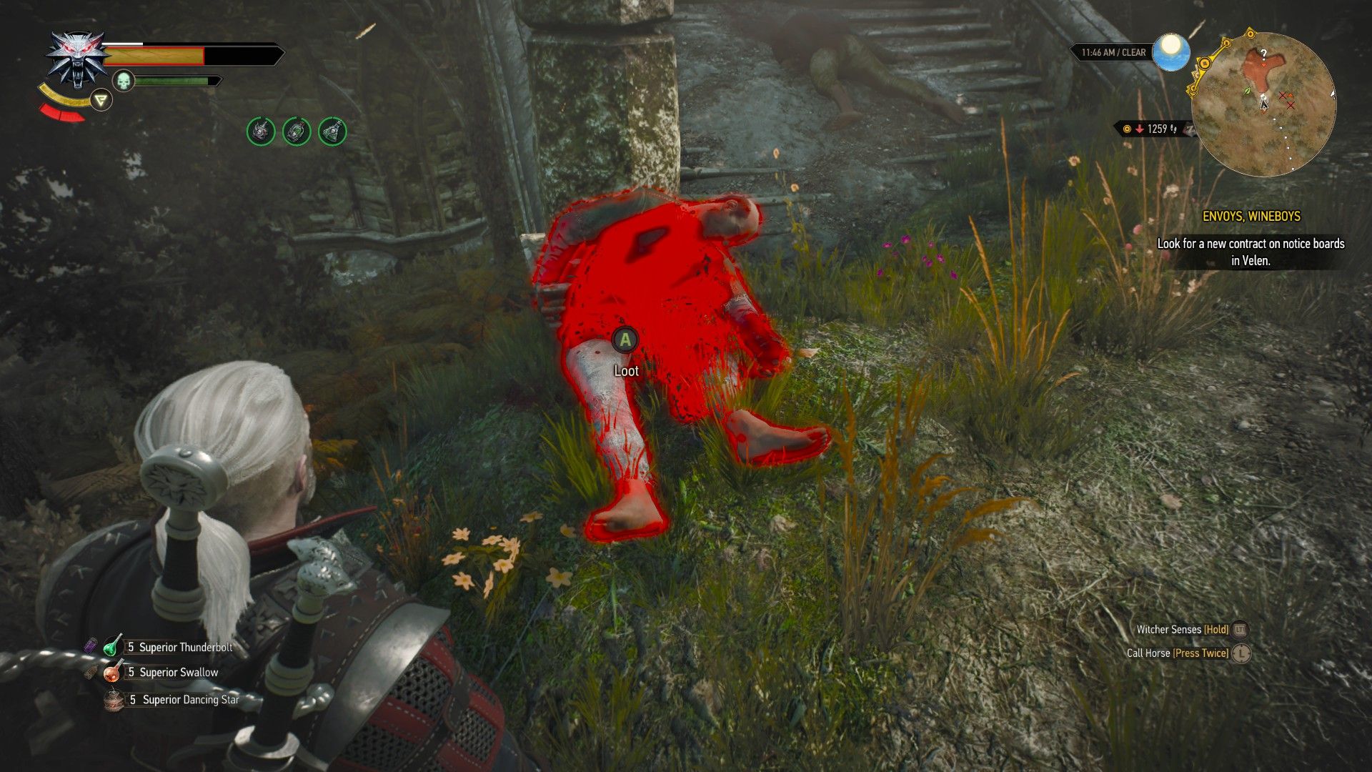 A screenshot of Geralt looking at a body slumped against a pillar and covered in a red glow from his Witcher Senses.