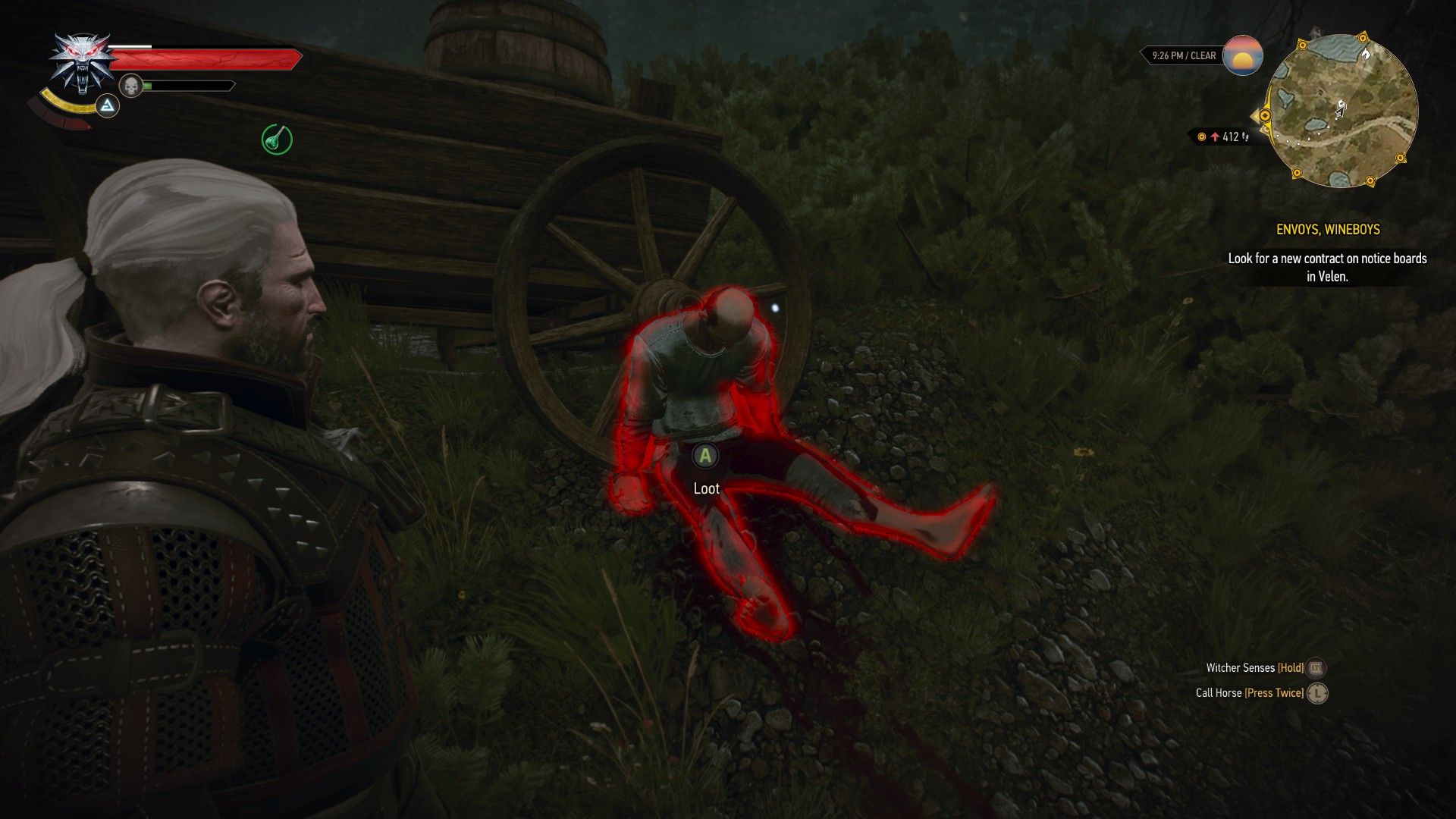 A screenshot of Geralt&rsquo;s Witcher Senses highlighting a man&rsquo;s body in red.