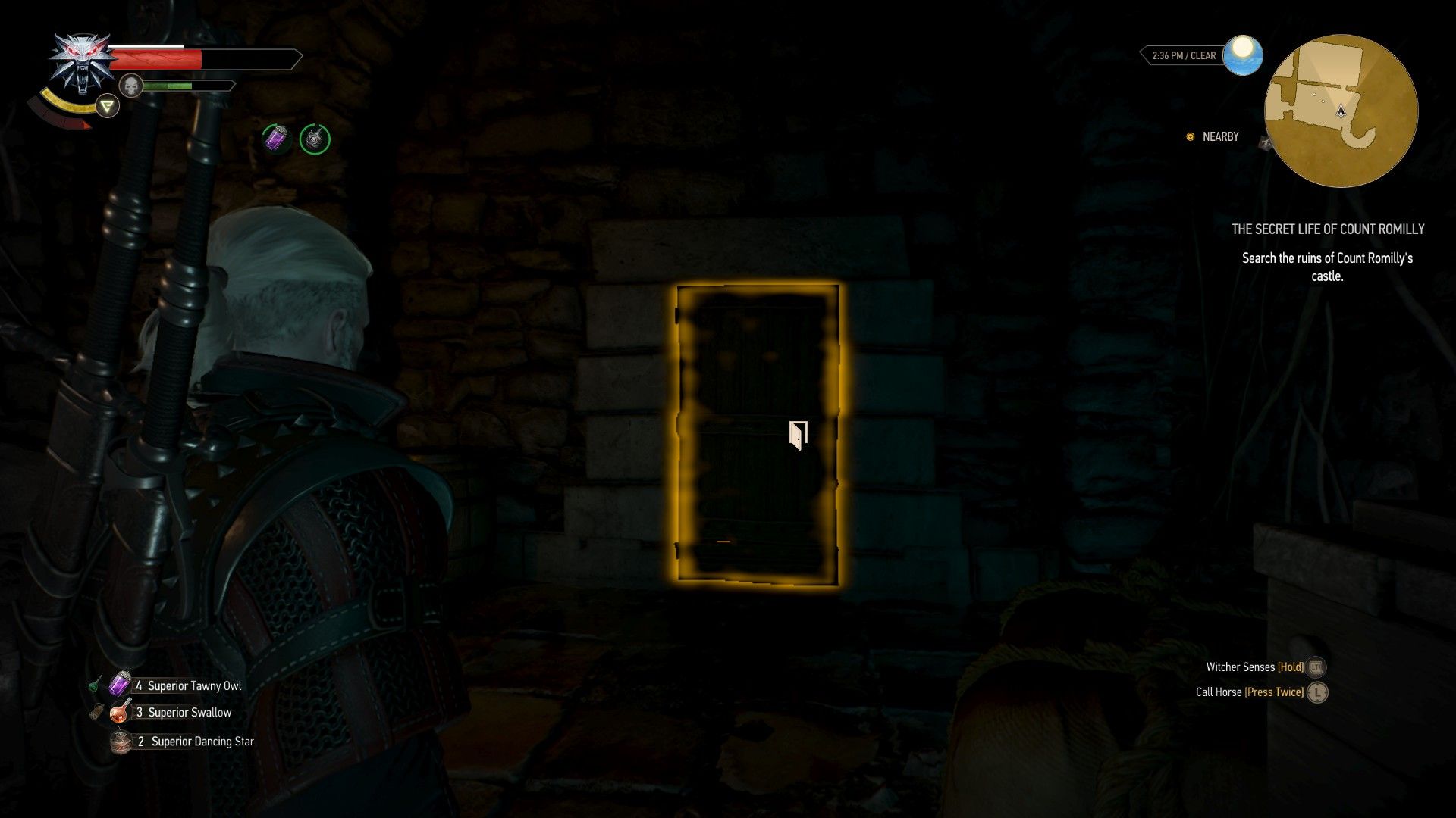 A screenshot of Geralt looking at a door outlined in yellow.